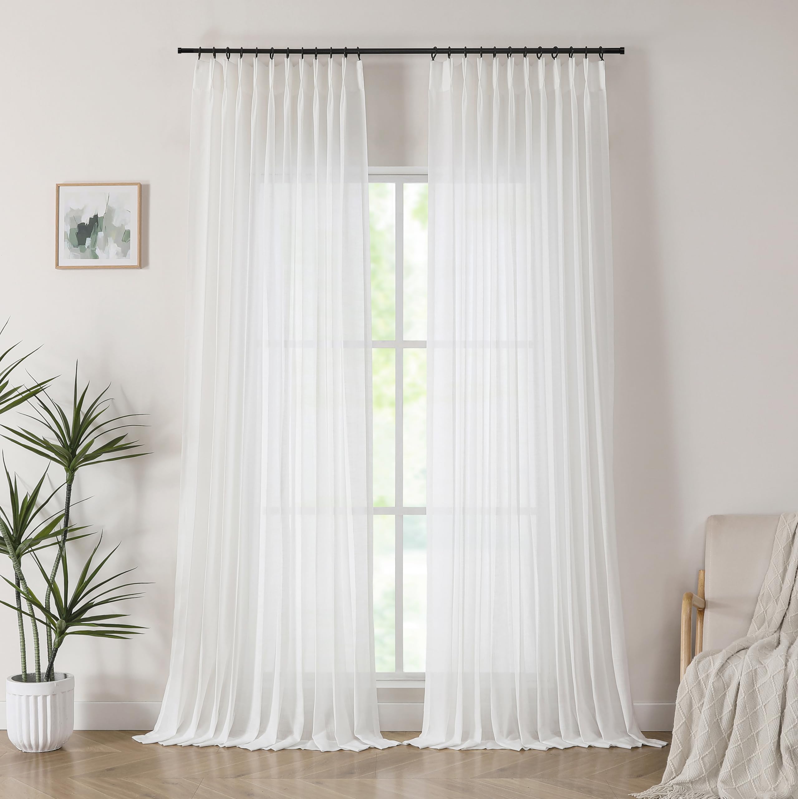 Central Park White Pinch Pleated Voile Sheer Curtain Panels Linen Textured Window Treatment Drape 95 Inches Long with Hooks Farmhouse Rustic for Living Room Bedroom, 60"x95"x2
