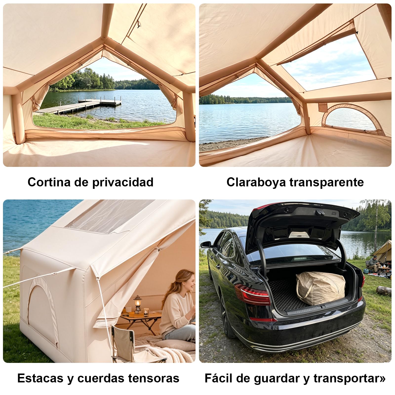 Tienda de Campaña Inflable con Bomba Manual, Tela Oxford 210D, Impermeable, Protección UV, para 3 – 4 Personas, Camping, Glamping, Viajes Familiares al Aire Libre