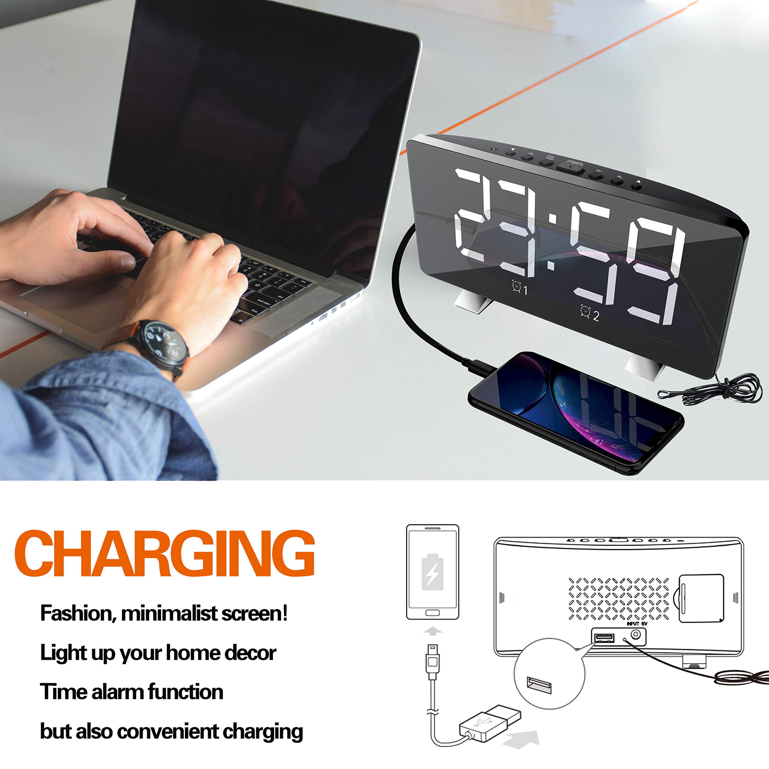 ThreeH Radio Reloj Despertador para Dormitorio con Puertos de Carga USB Dobles 4 Modos de Atenuación Pantalla LED de 7.3 '' Modo de Repetición de 12/24 Horas Función de Repetición Blanco