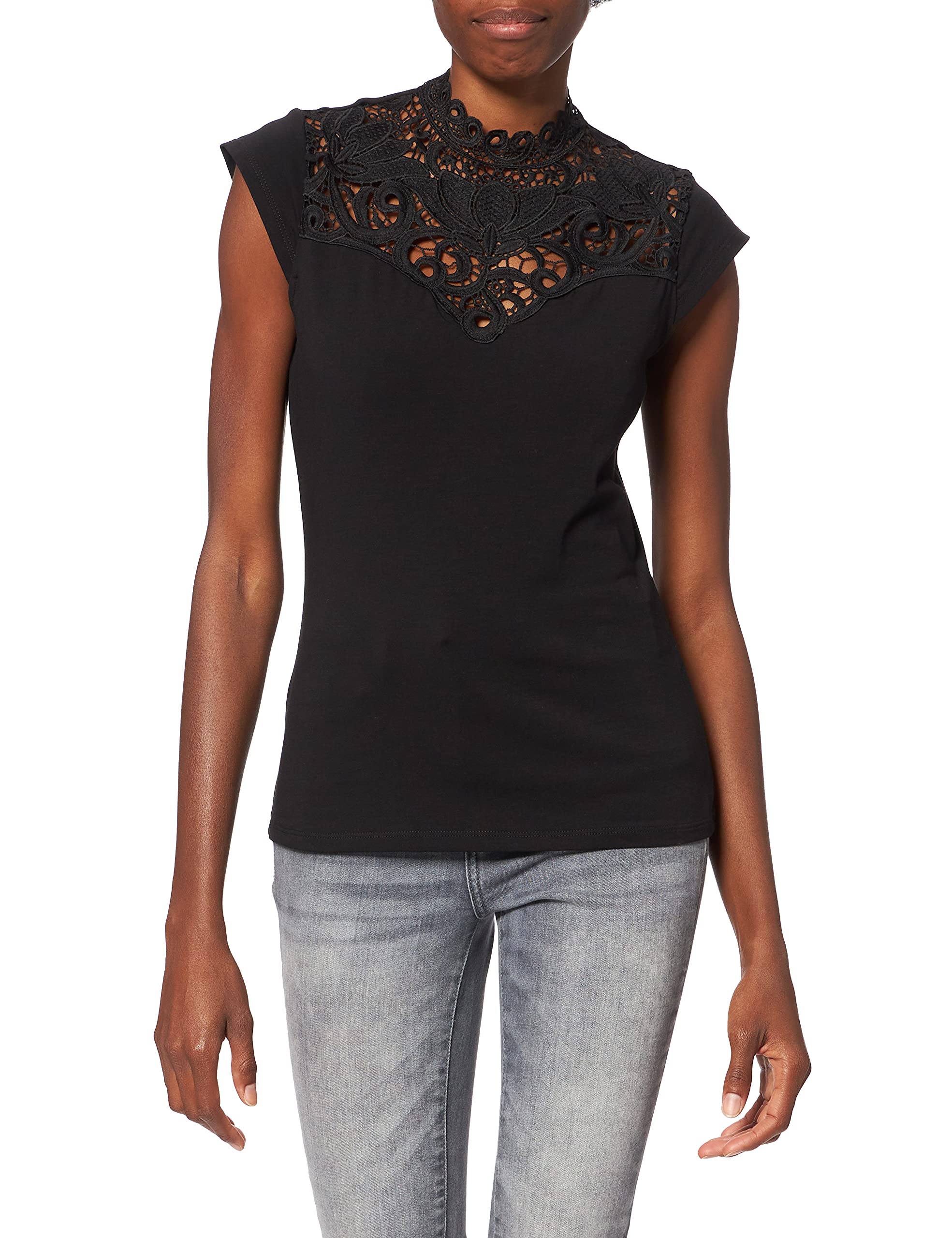 Morgan Short-Sleeved Lace T-Shirt, Black, UK 4