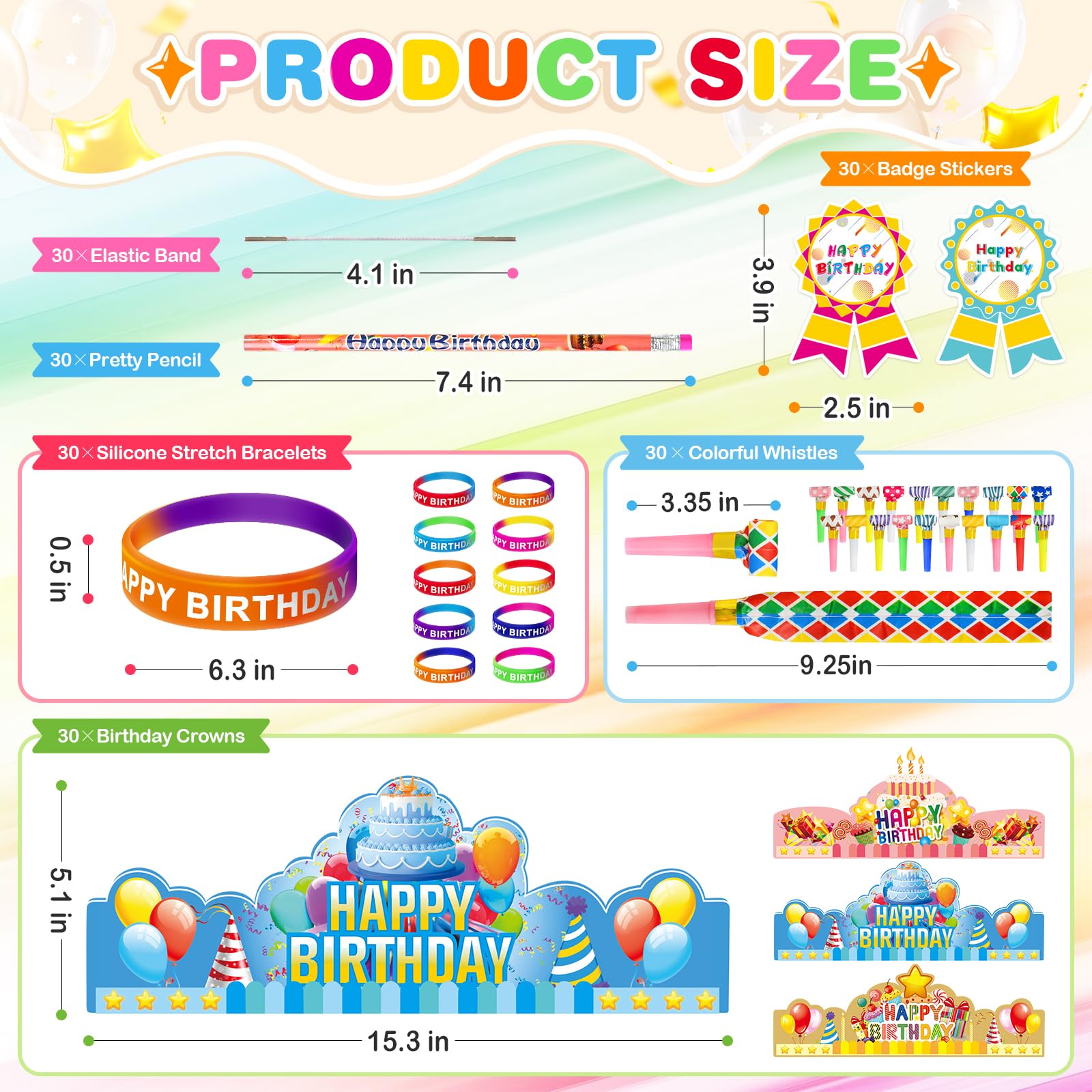 150 Pcs Happy Birthday Kits for Kids Classroom, Include Crowns, Silicone Stretches, Toy Whistles, Badge Stickers, Students Kindergarten Birthday Party Hats for School Teacher Classroom Party Supplies