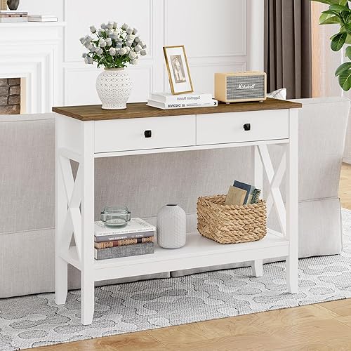 Miniatura 5 de Mesa de consola, mesa de sofá de 13.8 pulgadas de profundidad x 39.37 pulgadas de ancho x 31.5 pulgadas, mesa de entrada con 2 cajones, estante de