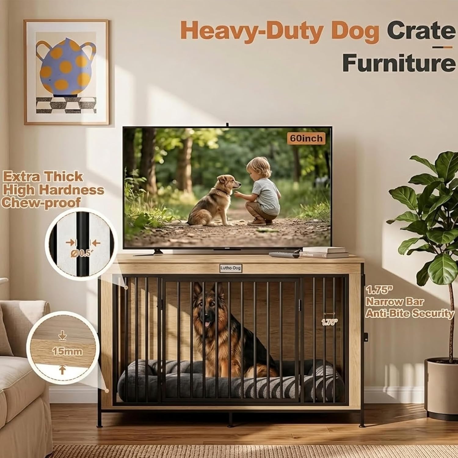 48" XL Dog Crate Furniture for Large Dogs, Farmhouse Light Oak Wood Dog Kennel, Heavy Duty Anti-Chew Steel Frame, Escape Proof Pet Crate, 3 Door Indoor Dog House, TV Stand Entertainment Center 350LB