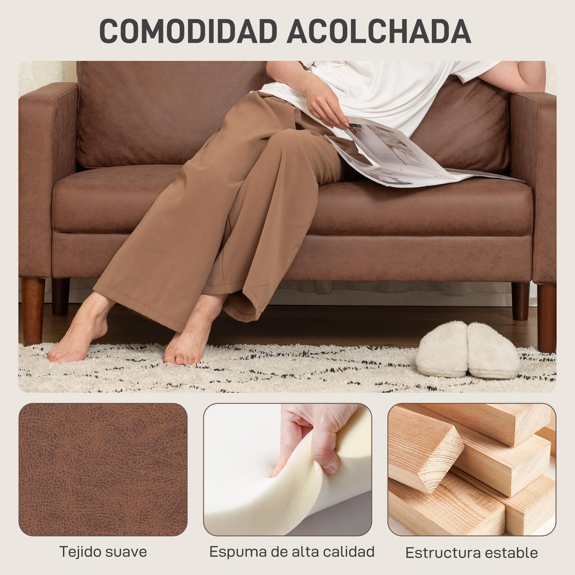 HOMCOM Sofá de 2 Plazas, Tapizado en Microfibra, Sofá Moderno con Patas de Madera, Reposabrazos, para Salón, Dormitorio, Oficina, Sala de Estar, 130x78x85 cm, Marrón