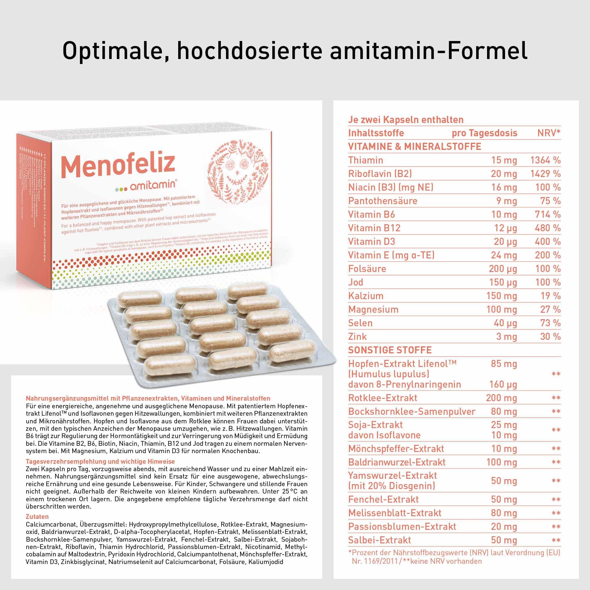 amitamin® Menofeliz – 60 Wechseljahre Kapseln – mit patentiertem Lifenol® Hopfenextrakt, Rotklee, Mönchspfeffer, Yamswurzel, Isoflavonen, B-Vitaminen, Magnesium, Kalzium – Vegan – Made in Germany