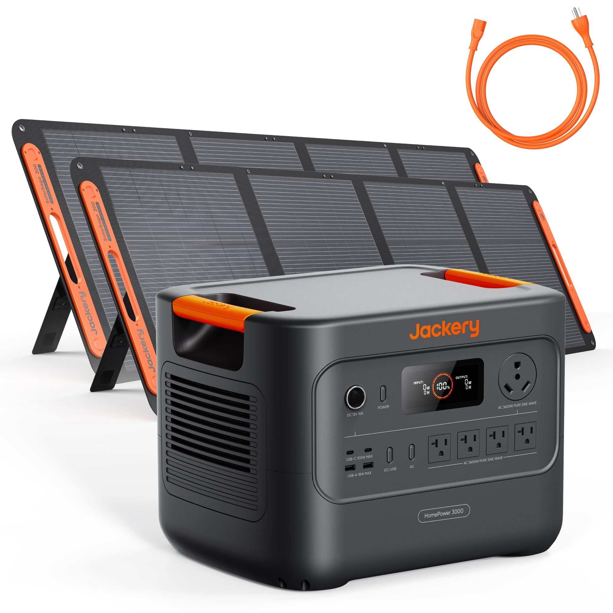 Jackery HomePower 3000 Portable Power Station with AC Cable and 2x 200W Solar Panels, 3600W (Surge 7200W) Output, 3072Wh LFP Solar Generator, Essential Backup for Home Use, Power Outage, Emergencies