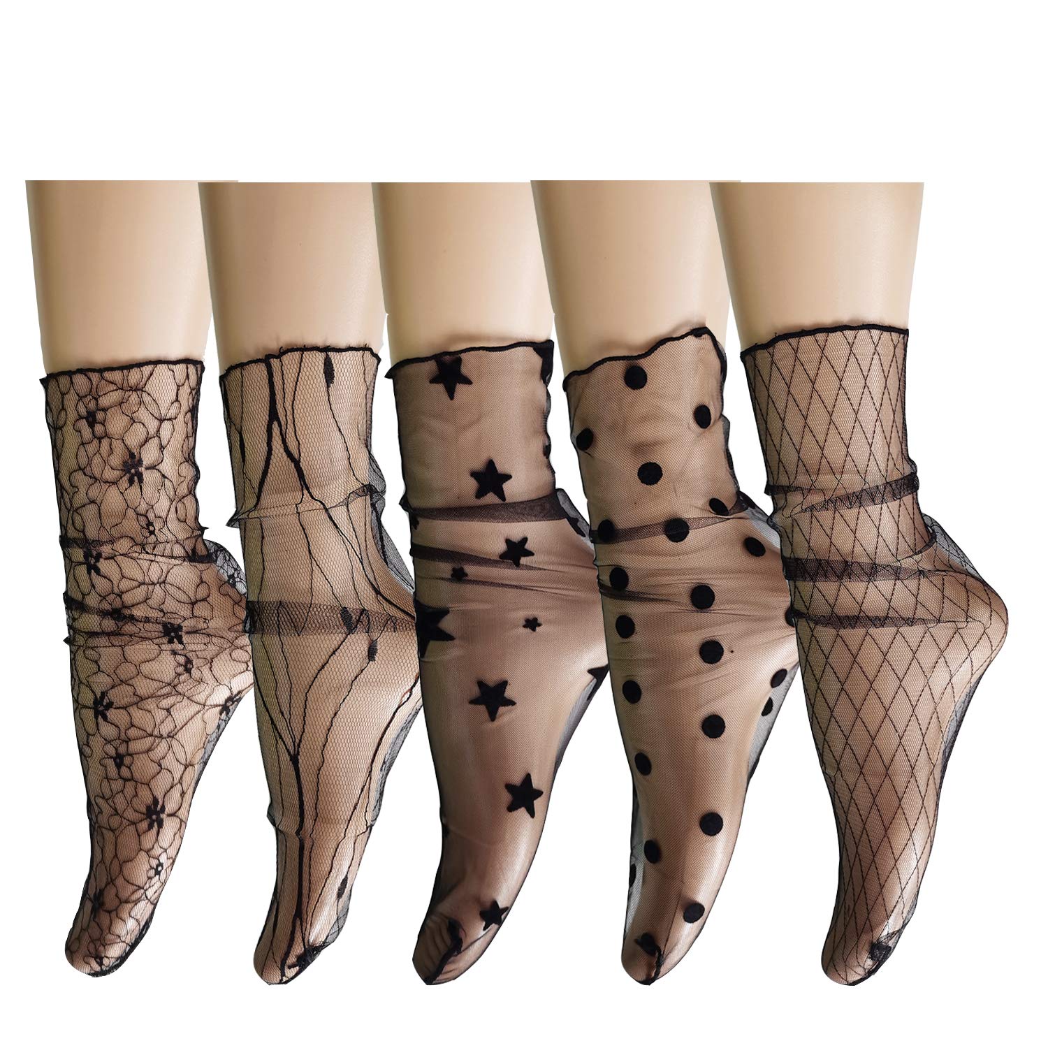 Benefeet Sox Womens Girls Sheer Mesh Decorated Tulle Socks Novelty Slouch Socks See Through Nylon Lace Loose Sock, Black-star Rose Polka Diamond Crack Stripe, One size