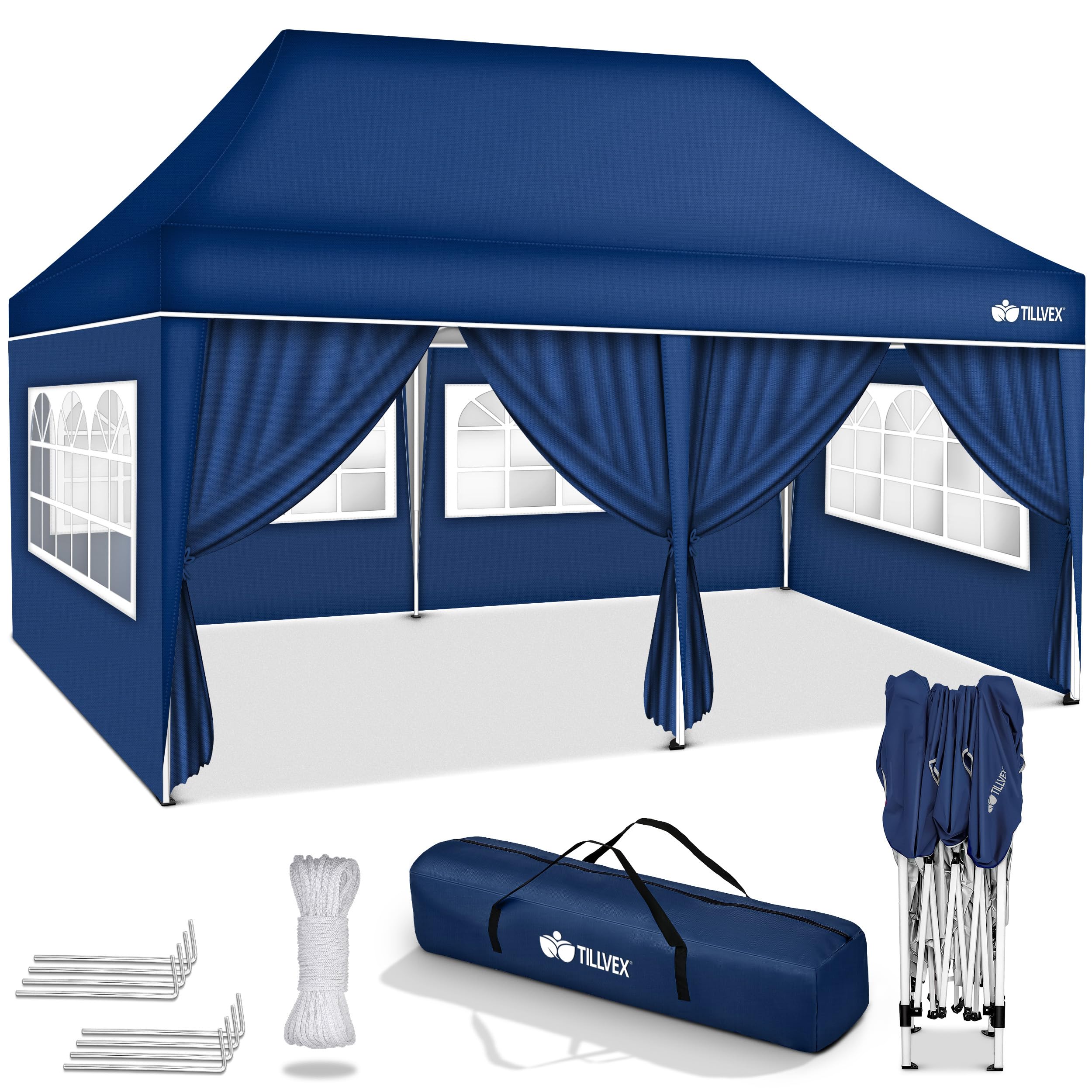 tillvex Tonnelle étanche 3 x 6 m pliable pop-up réglable en hauteur | Tente de jardin, protection UV 50+, tente de réception avec sac (bleu, avec 6 panneaux latéraux)