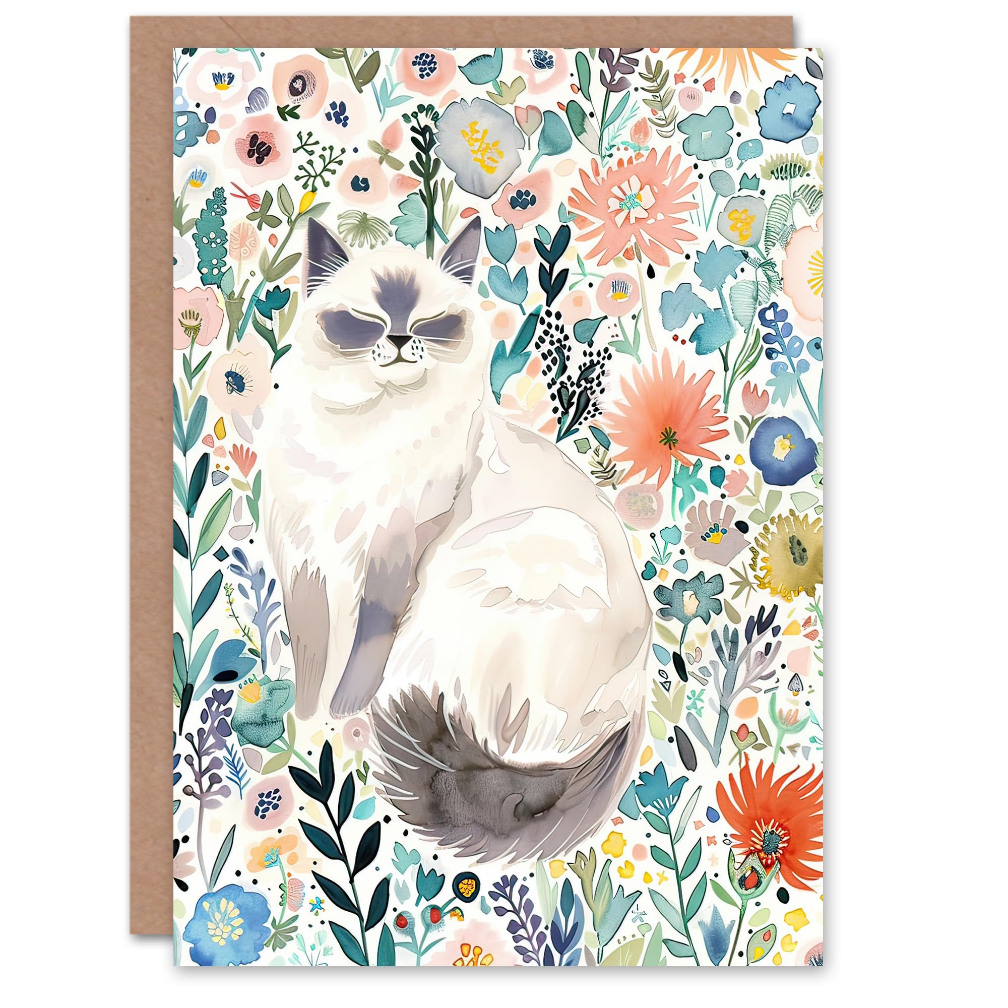 Artery8 Greeting Card Ragdoll Cat Lover Pet and Watercolour Wildflowers For Her Woman Birthday Card