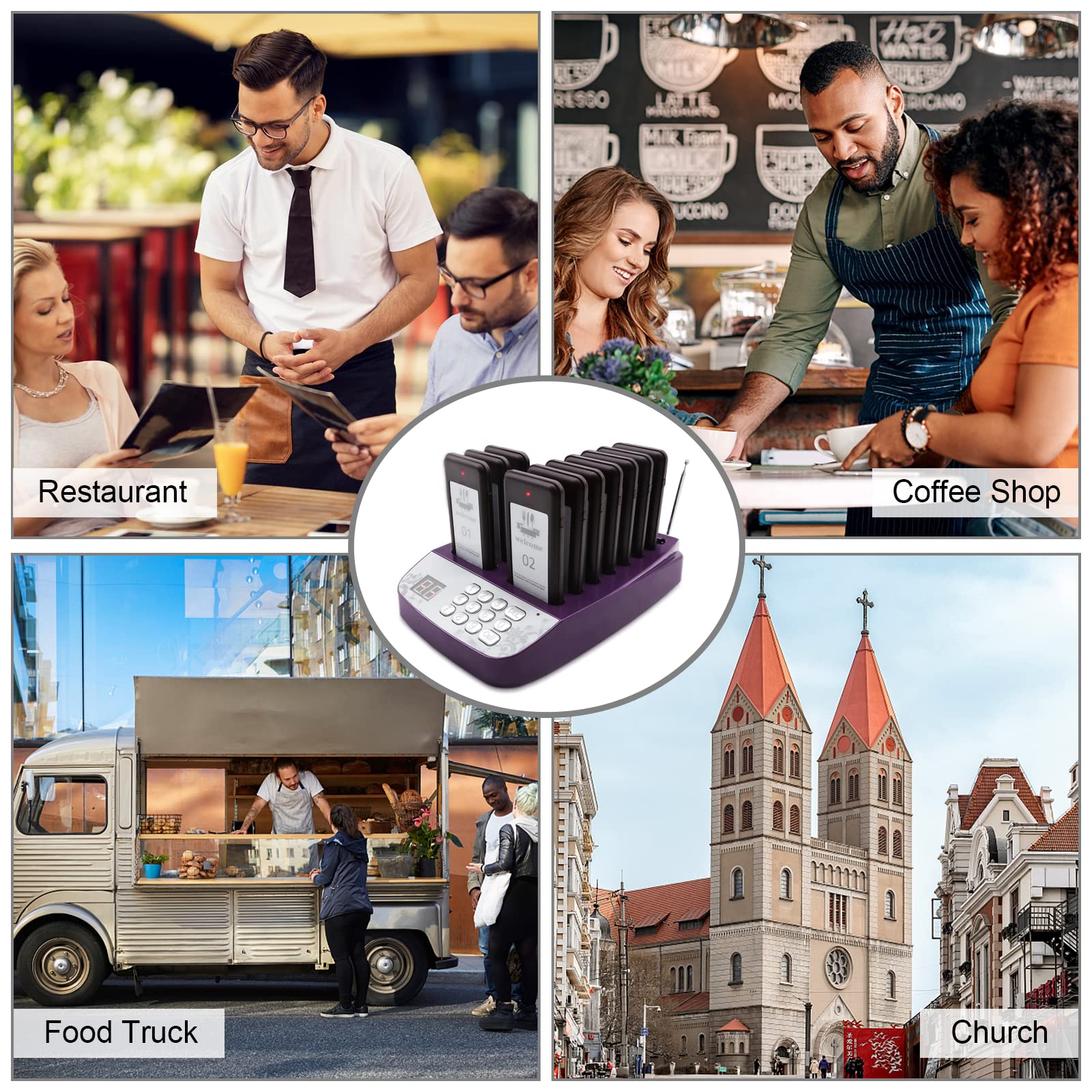 Daytech Sistema di cercapersone per ristorante, allarme di distanza sociale, sistema di chiamata wireless, 10 cercapersone + 1 tastiera per camion di cibo, chiesa, clinica, asilo nido, segnale