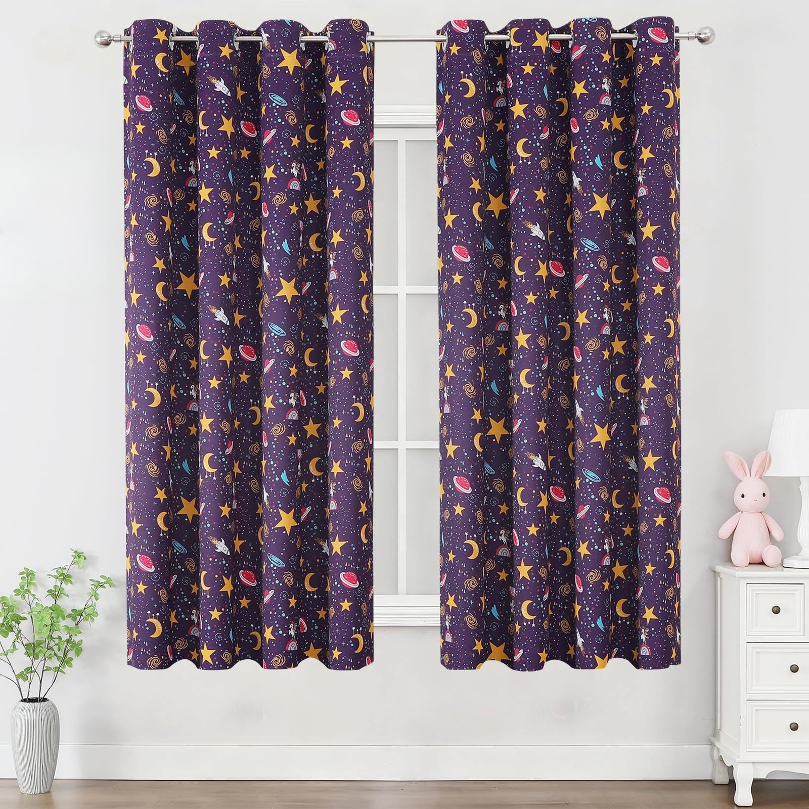 Star Moon Unicorn Purple Blackout Kids Curtains 63 Inch for Girls Bedroom
