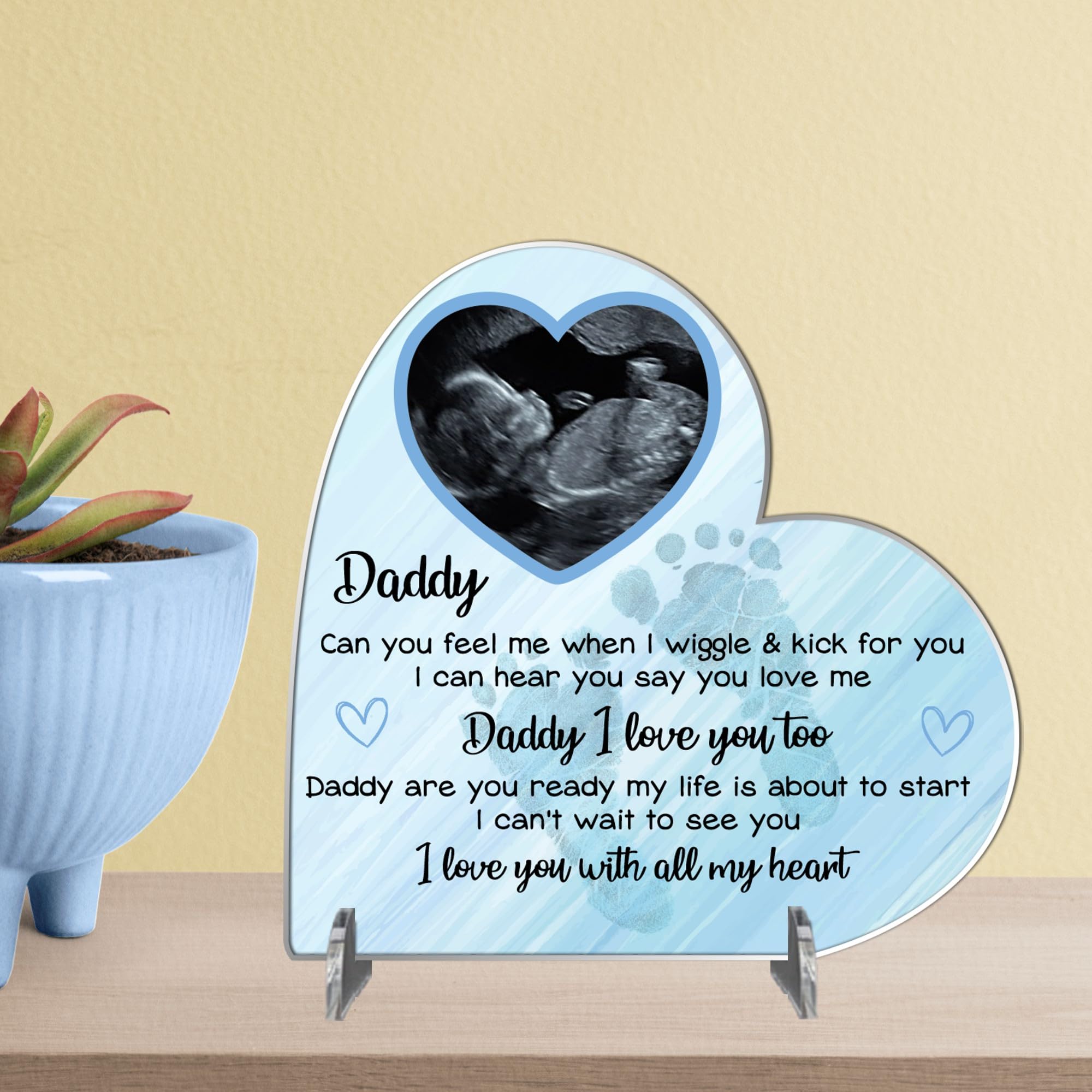 Personalised Heart Plaque - Daddy Gift from Bump | Baby Scan Photo Frame | Handmade Baby Bump Gift | Father's Day Present (Acrylic 19cm x 19cm, Blue)