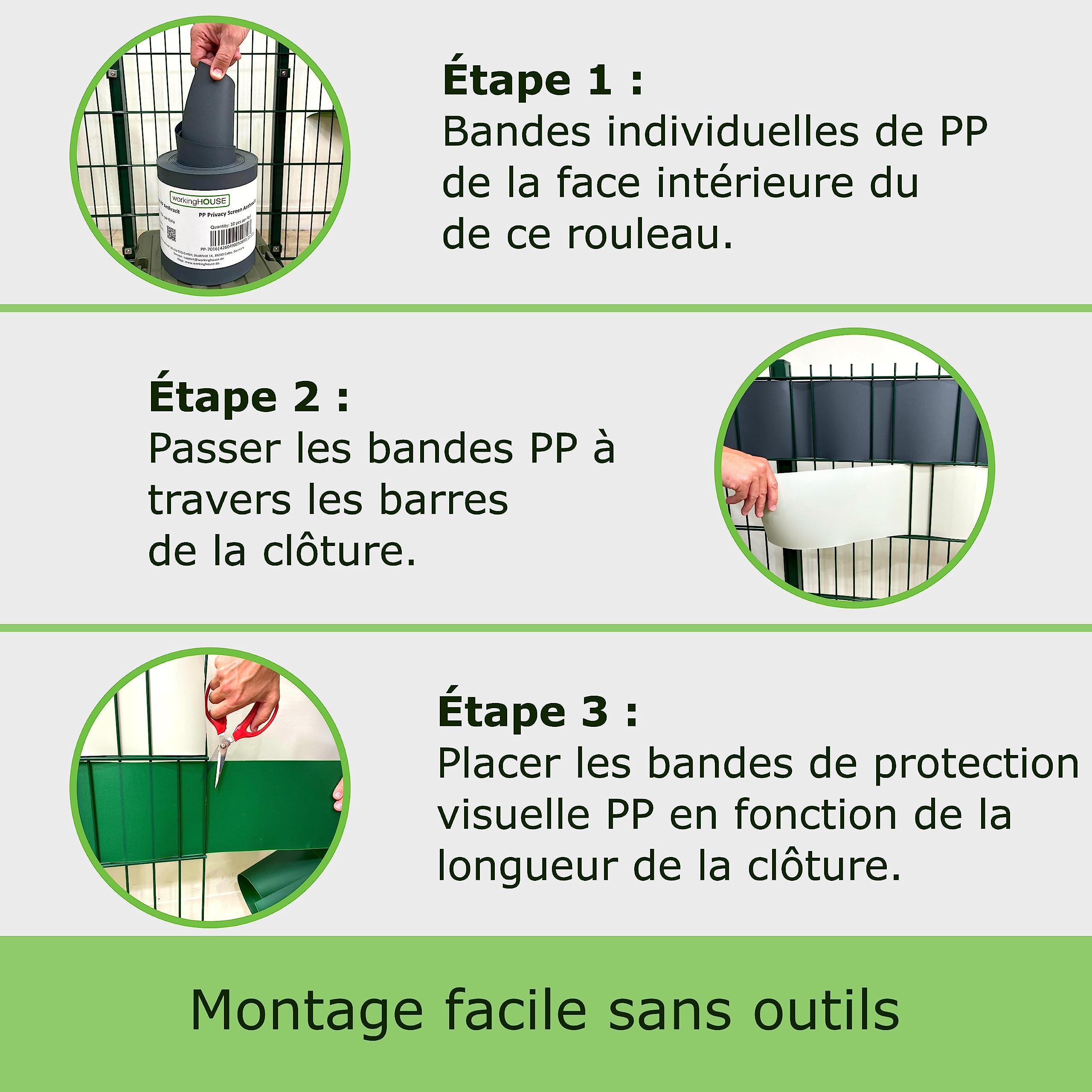 Workinghouse Bandes Brise-Vue PP Grillage Rigide, Gris Clair | 10 bandes occultantes 2,55m, épaisseur 1,1mm, résistantes