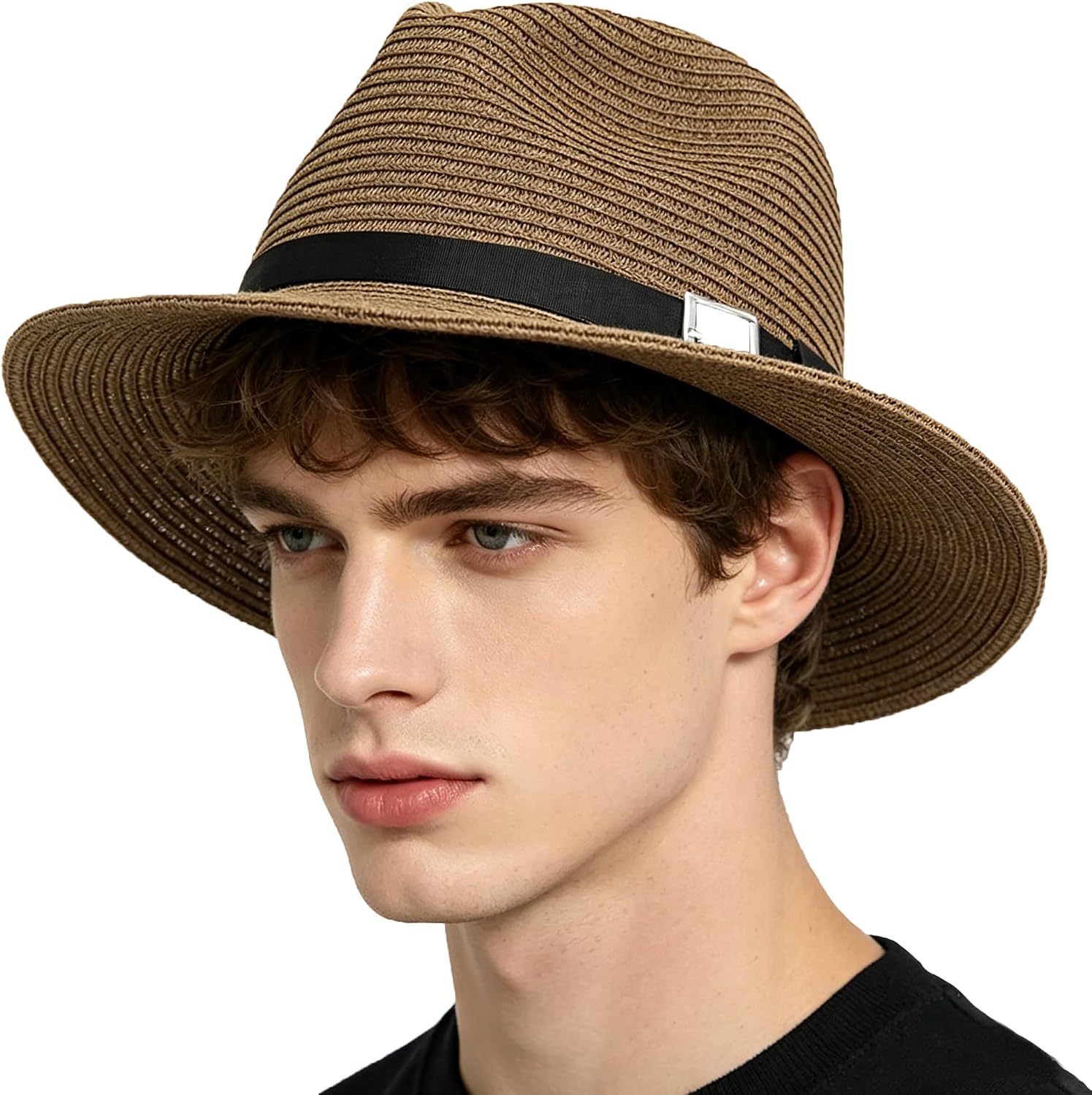 Men's Floppy Packable Straw Hat Beach Cap Newsboy Fedora Sun Hat, Big Brim, Adjustable Chin Strap
