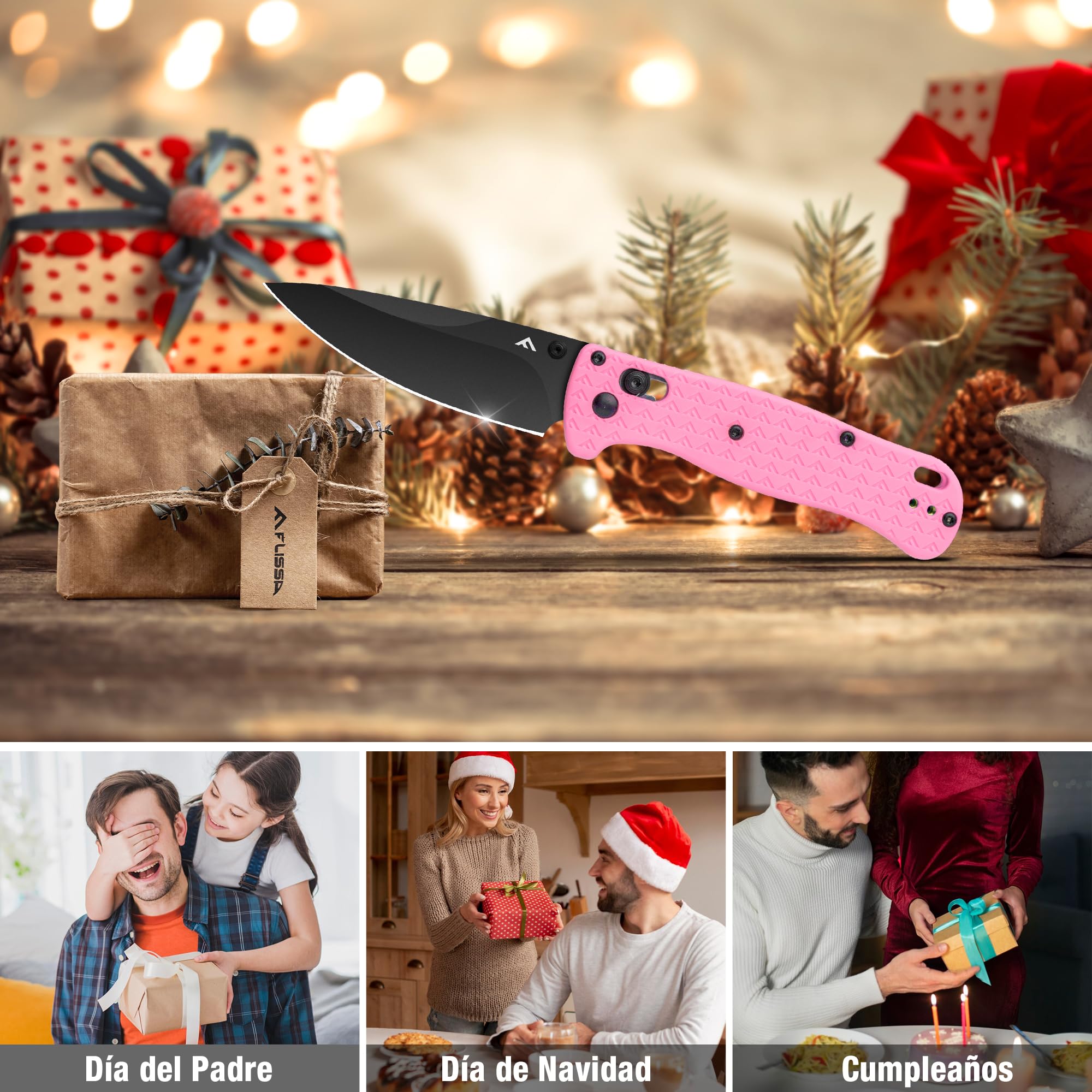 FLISSA Navaja Plegable EDC de 190mm, Navaja de Bolsillo de Acero 14C28N con Recubrimiento de Titanio Negro, Cuchillo Plegable Ligero y Compacto para Camping, Senderismo, Aventura y Viaje, Rosa