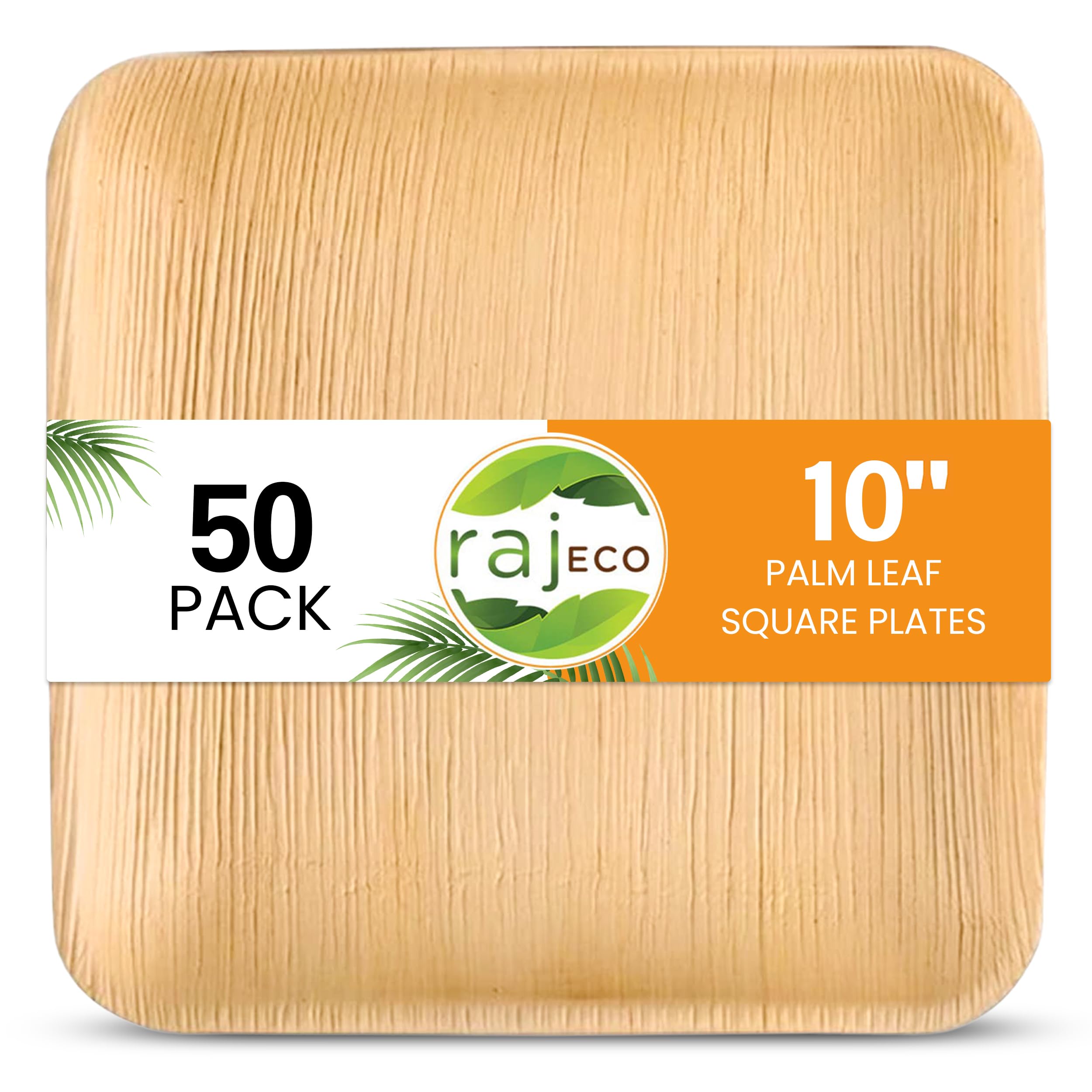 Raj Eco Compostable Palm Leaf Plates Like Bamboo Plates Disposable - 10 Inch Square 50 Party Plates, Natural Wooden, Eco-Friendly, Fancy Biodegradable & Disposable Wedding Picnic Plates