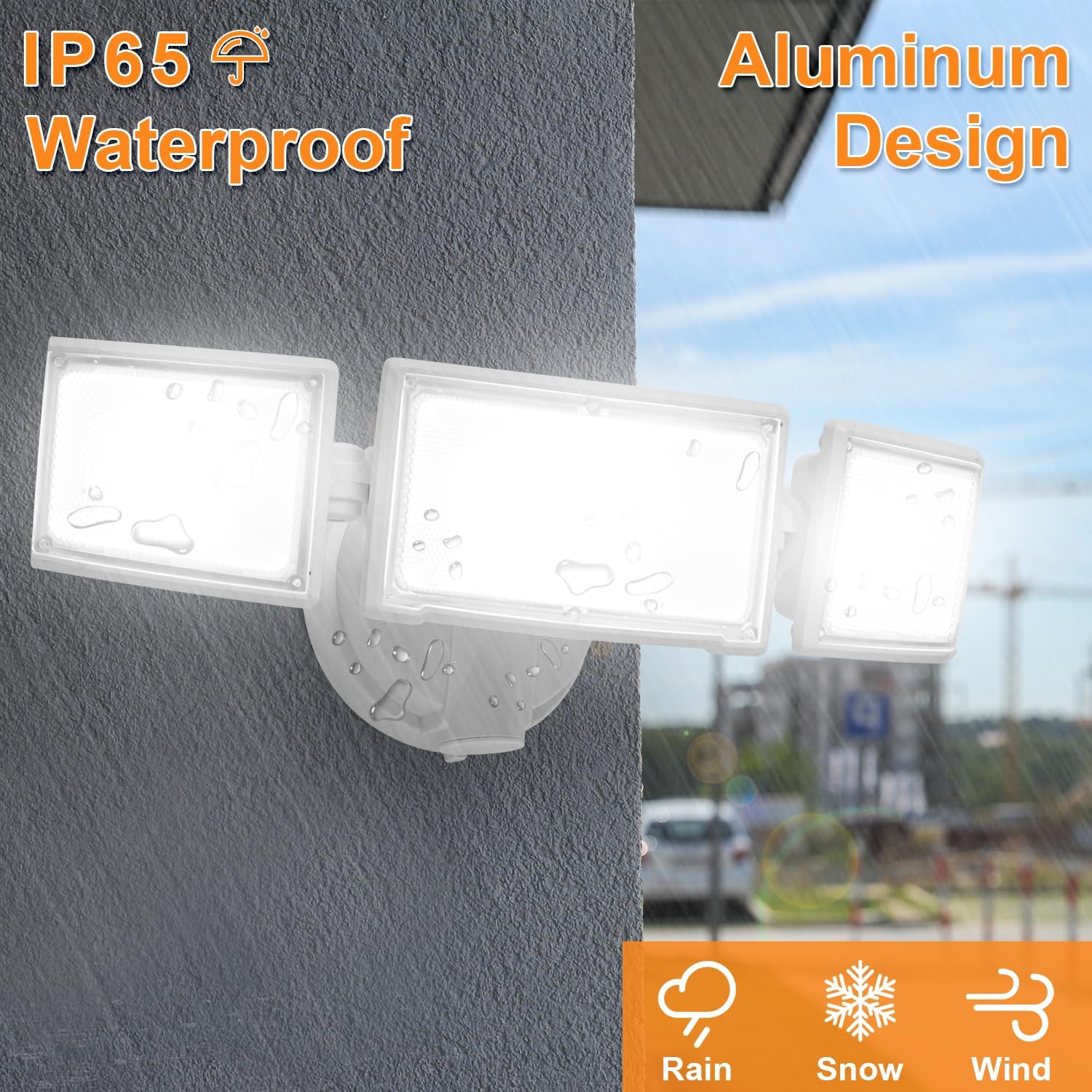 50W LED Flood Light Outdoor, 5500 Lumen Super Bright Exterior Security Lights, 3000K/5000K Light, IP65 Waterproof Wall/Eave Mount Flood Light 3 Adjustable Heads for Garage, Yard (White)