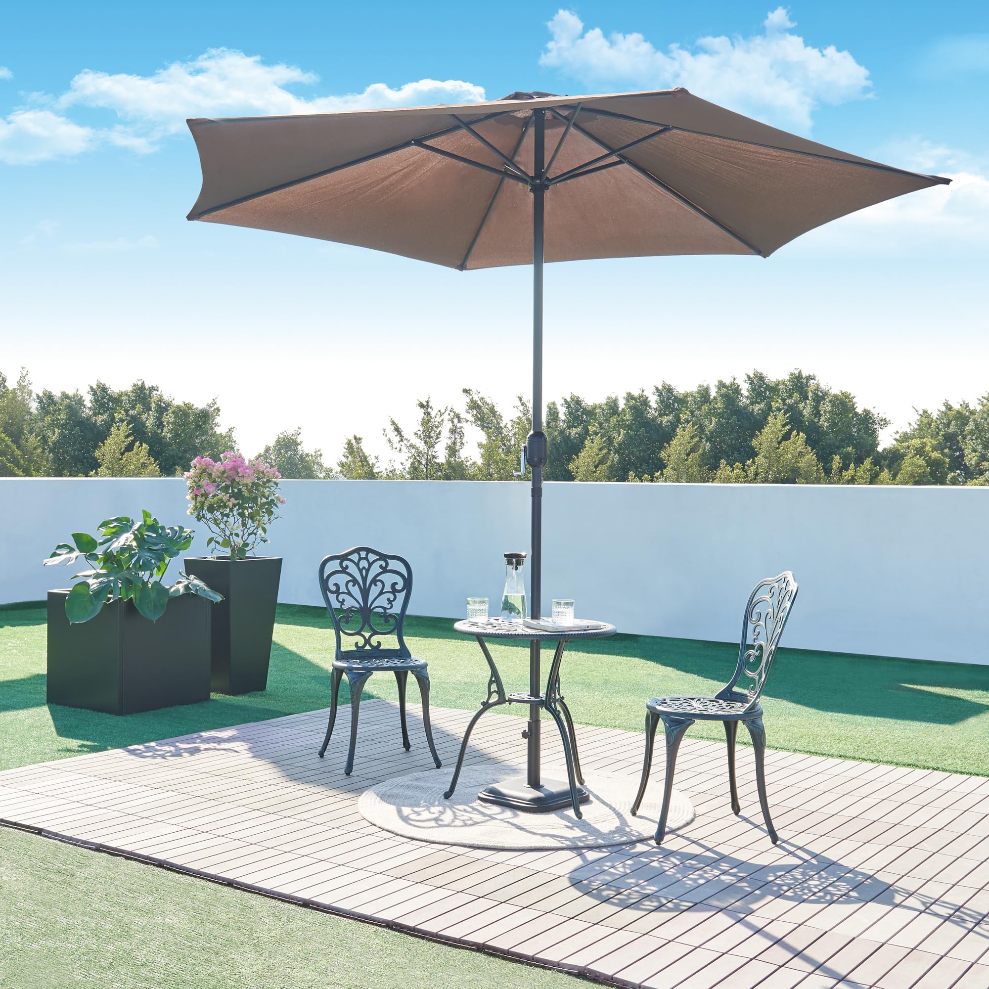 casa.pro Juego de Bistró de 3 Piezas Lupsam Set de 1 Mesa con Abertura para Sombrilla y 2 Sillas Conjunto de Muebles de Exterior Terraza Jardín Patio Balcón Aluminio - Gris Oscuro con pátina Verde