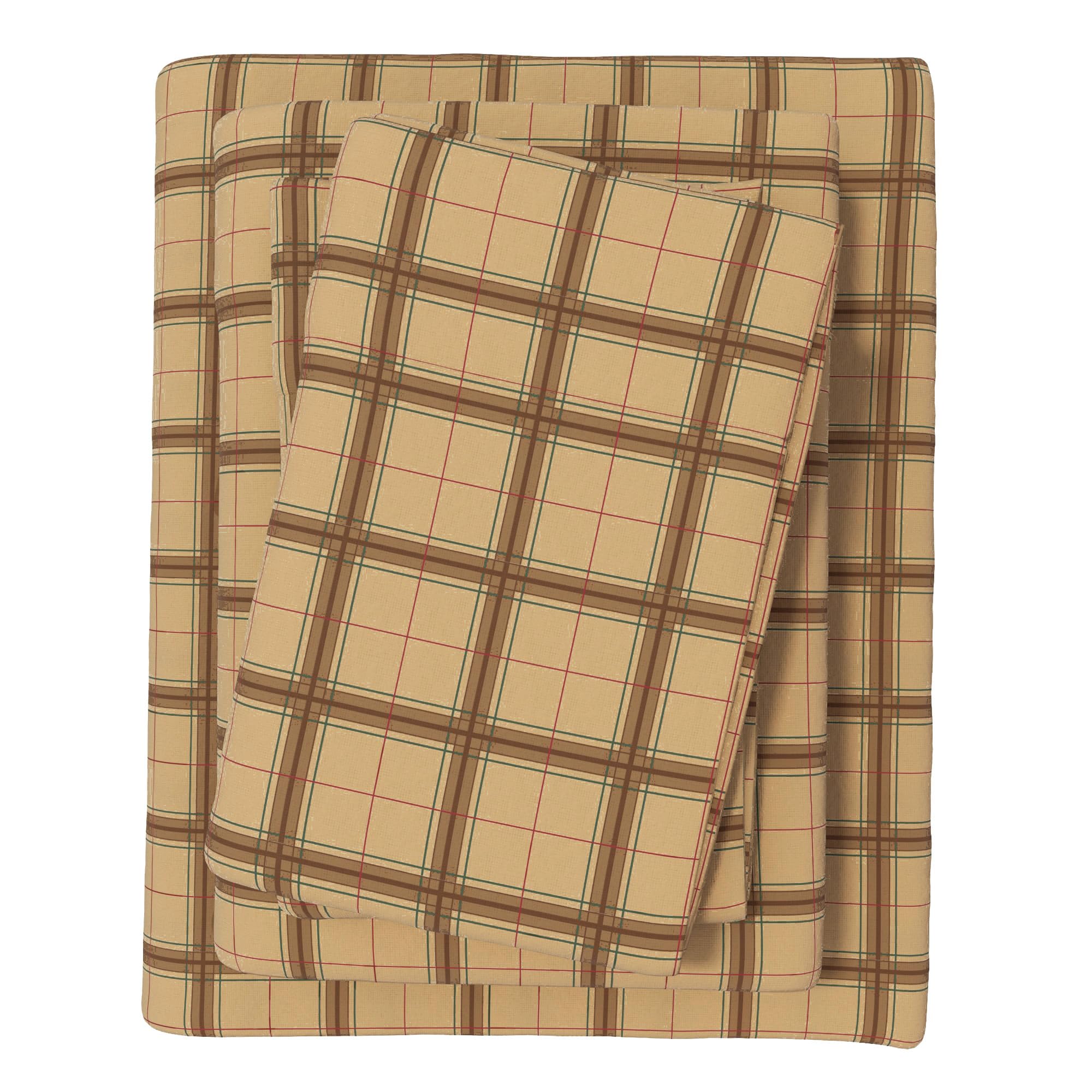 Great Bay Home Flannel Sheets Full Size - 100% Turkish Cotton, Double-Brushed, Plaid and Stripe Bed Sheet Set - Ultra-Soft, Cozy, 4-Piece Bedding Set (Block Plaid - Taupe/Green/Red) โ image 1