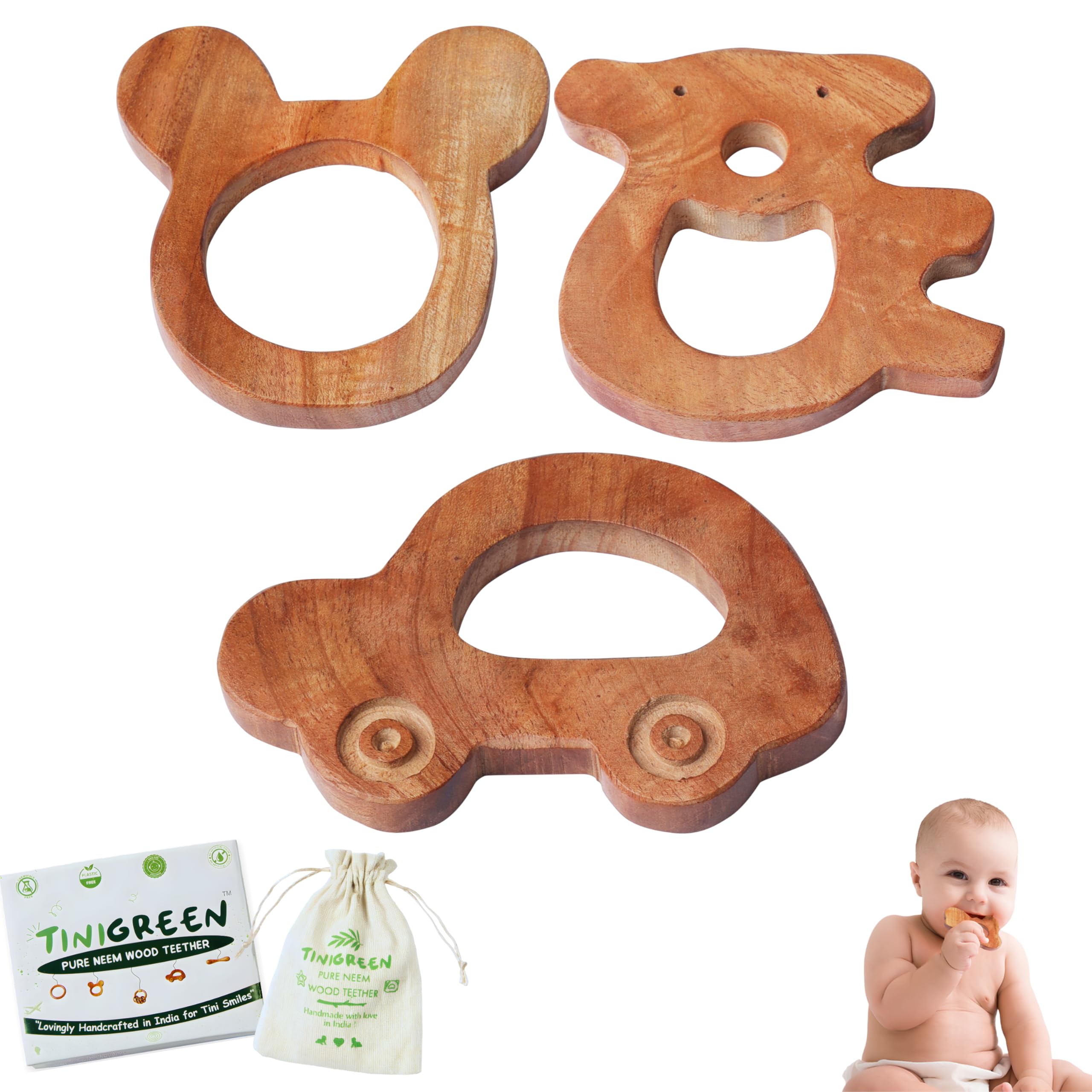 TINIGREEN Car Mickey Teddy Shaped Organic Neem Wood Teether Combo for Baby (Pack of 3)-image-12