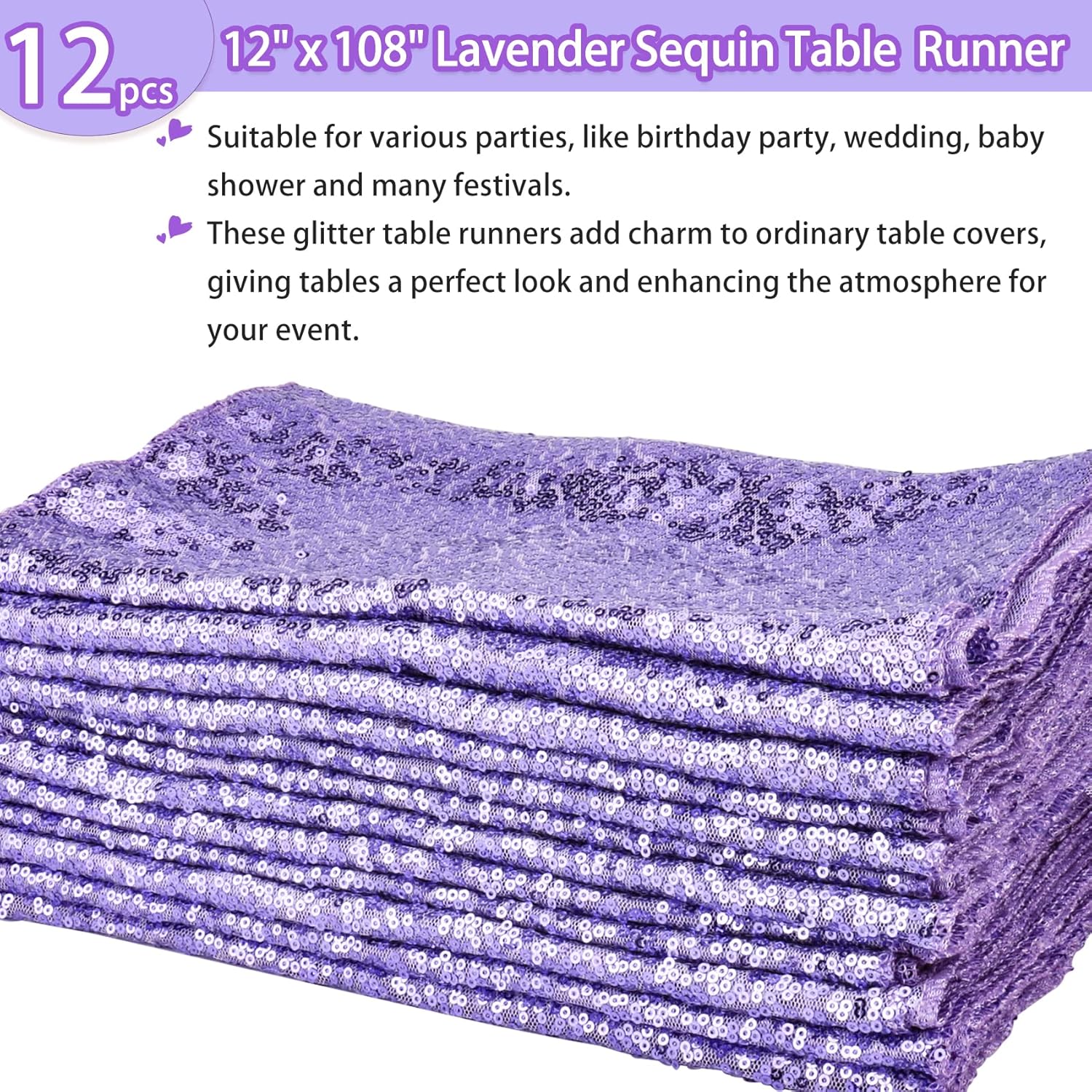 12 Packs Sequin Table Runner Glitter Dining Table Runner for Birthday Wedding Engagement Bridal Baby Shower Bachelorette Holiday Celebration Party Supplies Decorations (12" x 108", Lavender)