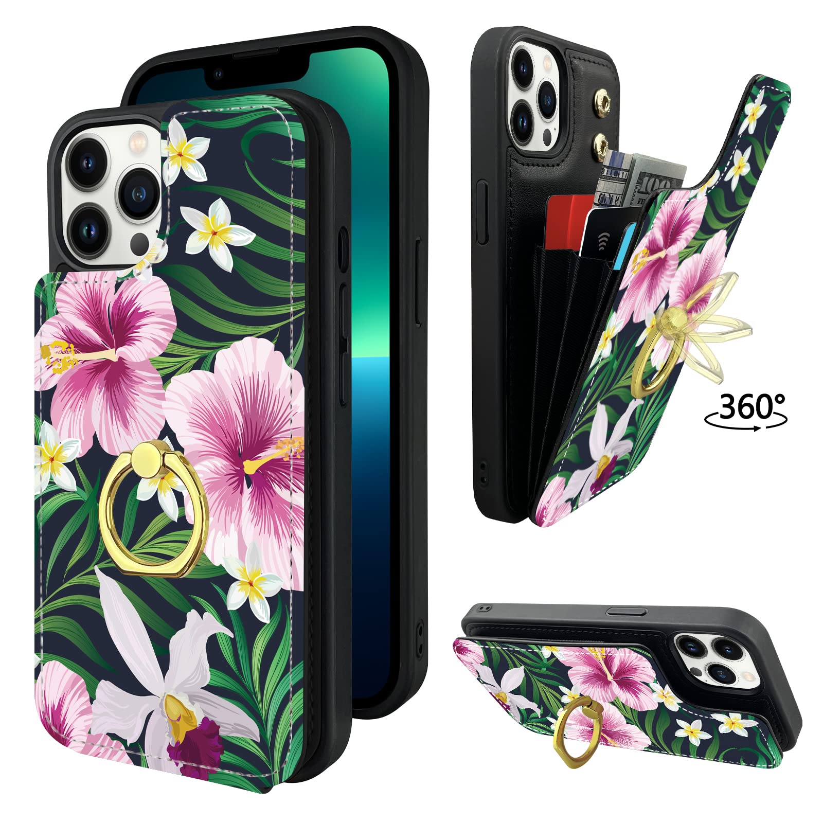 TopPerfekt Compatible with iPhone 13 Pro Wallet Case with Card Holder, 360° Rotation Finger Ring Holder Kickstand Protective RFID Blocking PU Leather Pattern Double Buttons Flip 6.1