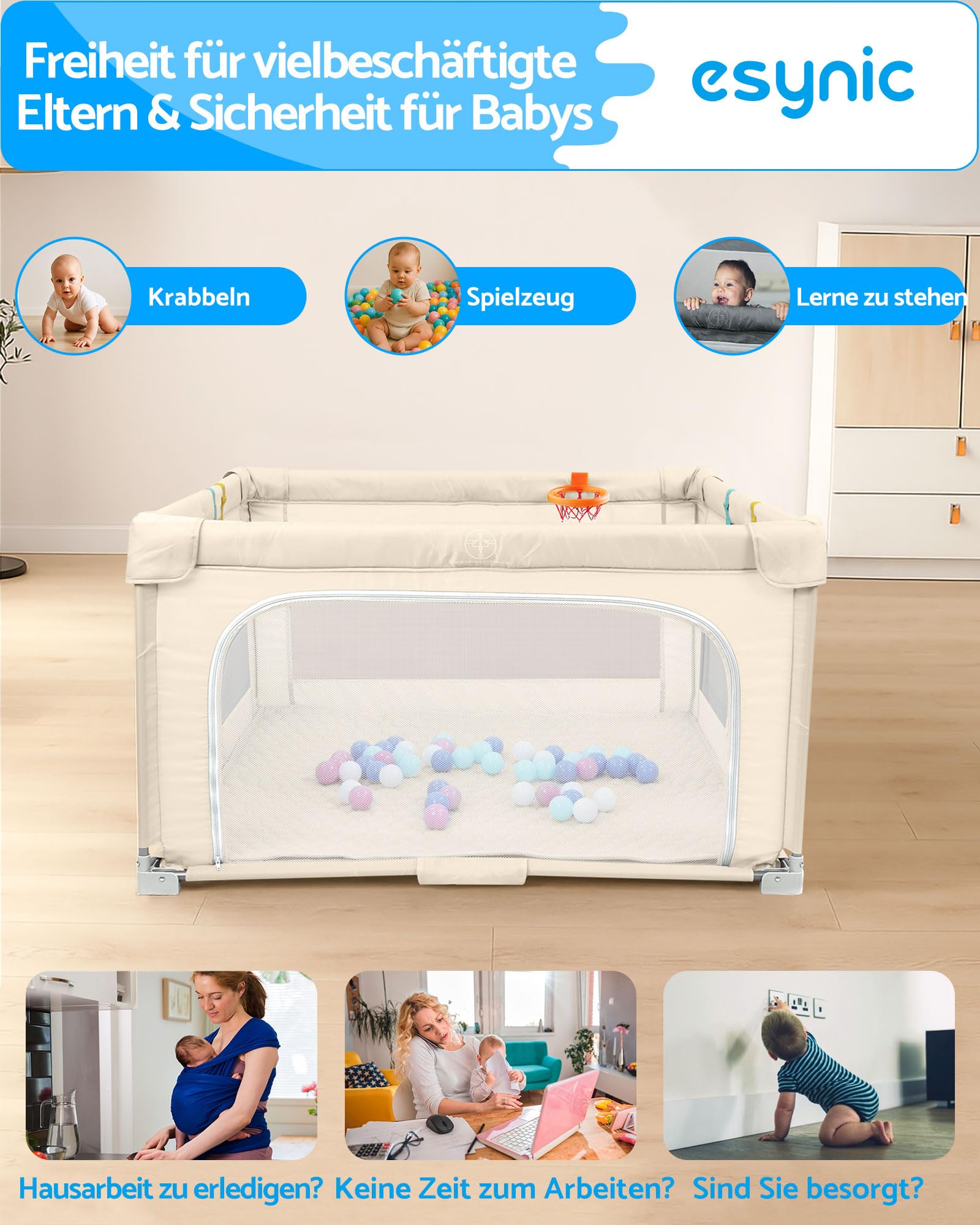 eSynic Laufstall Baby Faltbar Laufgitter mit Matte 150×150cm Klappbarer Extra Großes Indoor & Outdoor Sicherheitslaufstall mit Atmungsaktivem Mesh 50 Bällen Spielgriffen & Tragetasche Beige