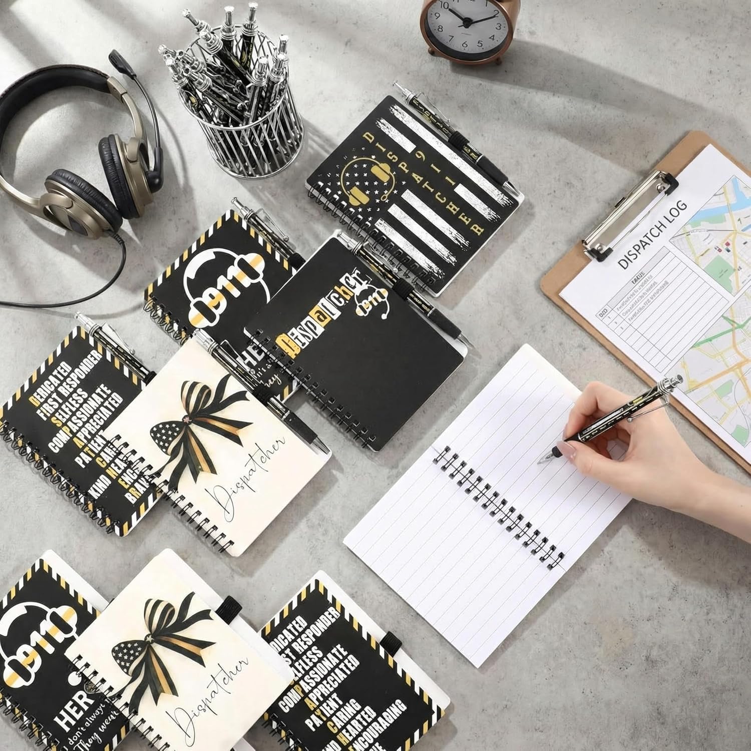Eaasty 20 Set 911 Dispatcher Appreciation 911 Operator Spiral Notebook with Flag Headset Design Ballpoint Pen Accessories Telecommunicator Week for First Responder Police Emergency Dispatch