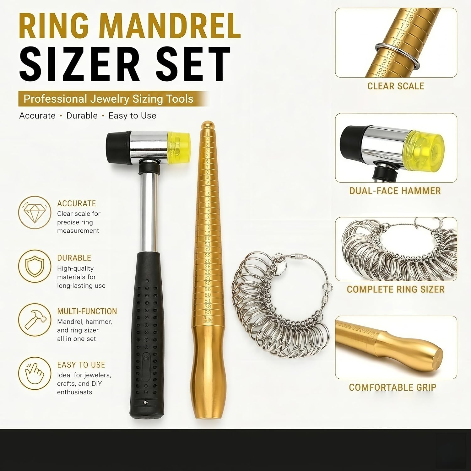 Ring Sizer Measuring Tool Kit, US Sizes 0-13, 3 Pcs/Set Metal Ring Gauge Set with Rubber Jewelry Hammer, Ring Mandrel & Measuring Stick, for Jewelry Making, Repair & Wire Wrapping