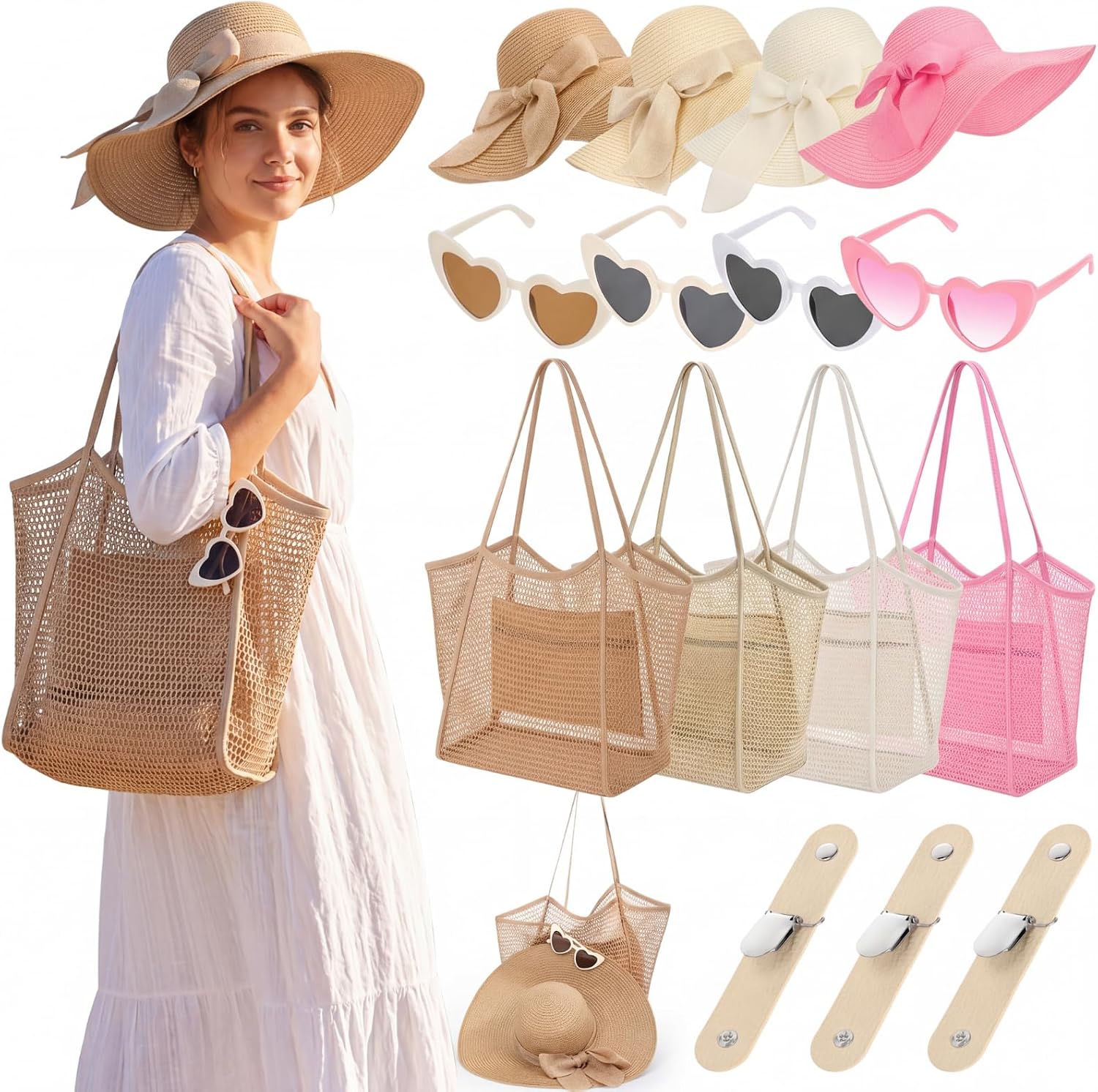 Cuffbow 16 Pcs Women Floppy Sun Hat Beach Bag Heart Sunglasses and Hat Clip Set, Wide Brim Straw Hats with Bow for Summer Tea Party Travel Vacation Supplies