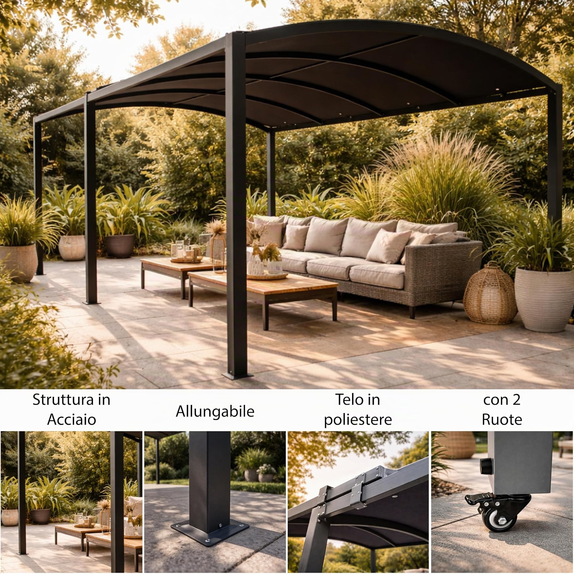 Gazebo Allungabile 3x3/6MT - Struttura in Acciaio, Telo in Poliestere, con Ruote, da Giardino, Terrazzo, Pergola, Patio, Protezione UV - Grigio Scuro