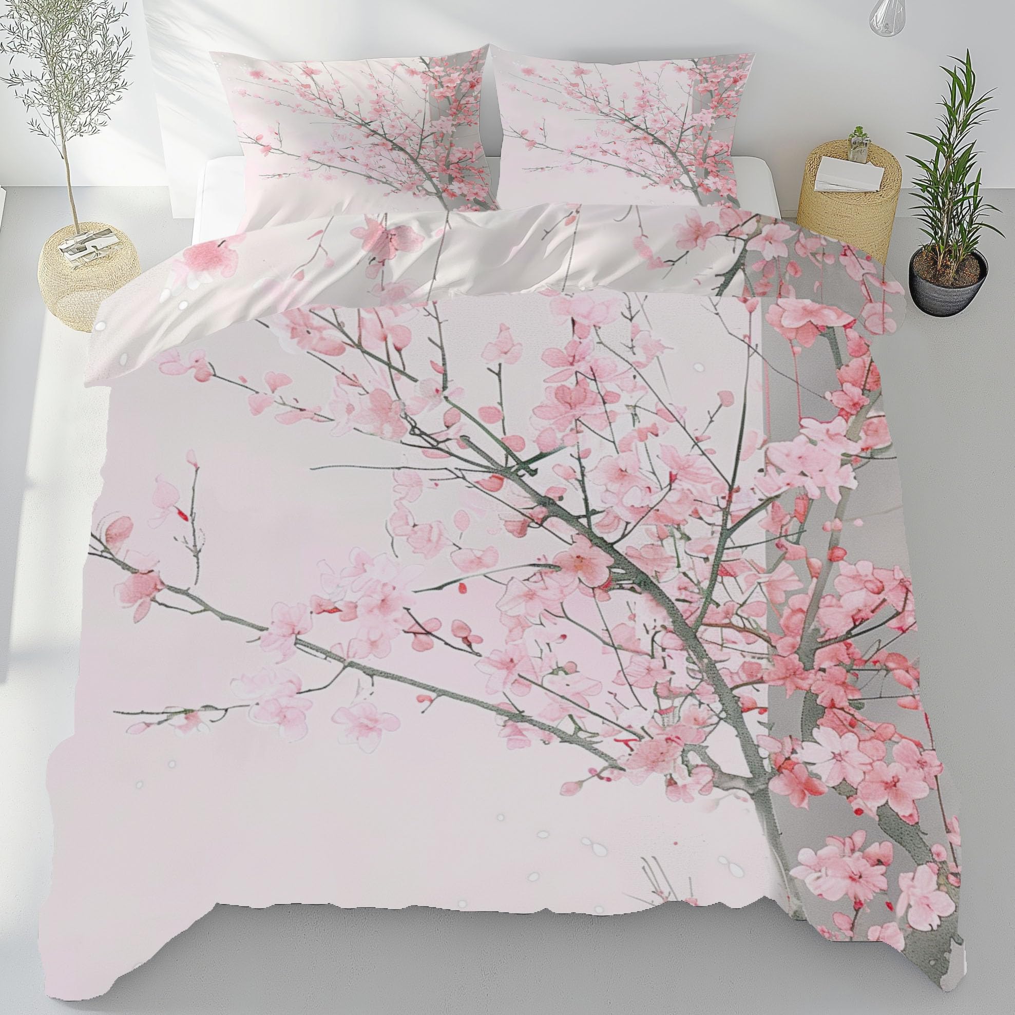 Housse de Couette Fleurs de Cerisier 220x240 cm en Microfibres avec 2 Taies d'Oreiller