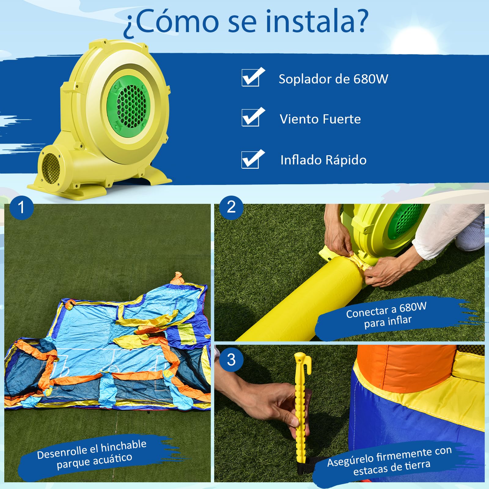 GOPLUS Castillo Hinchable Acuatico para Niños de 3-12 Años, Castillo Inflable Infantil Exterior, Cosido de Material Extra Rueso, Tobogán Acuatico, Pared de Escalada, Piscina, Zona Fútbol, Soplador