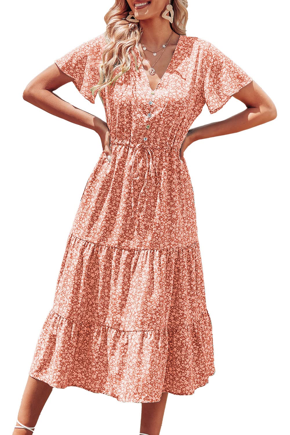 PRETTYGARDENSummer Floral Dress for Women 2025 Casual Boho Short Sleeve Maxi Dresses V Neck Tiered Flowy Beach Sundress