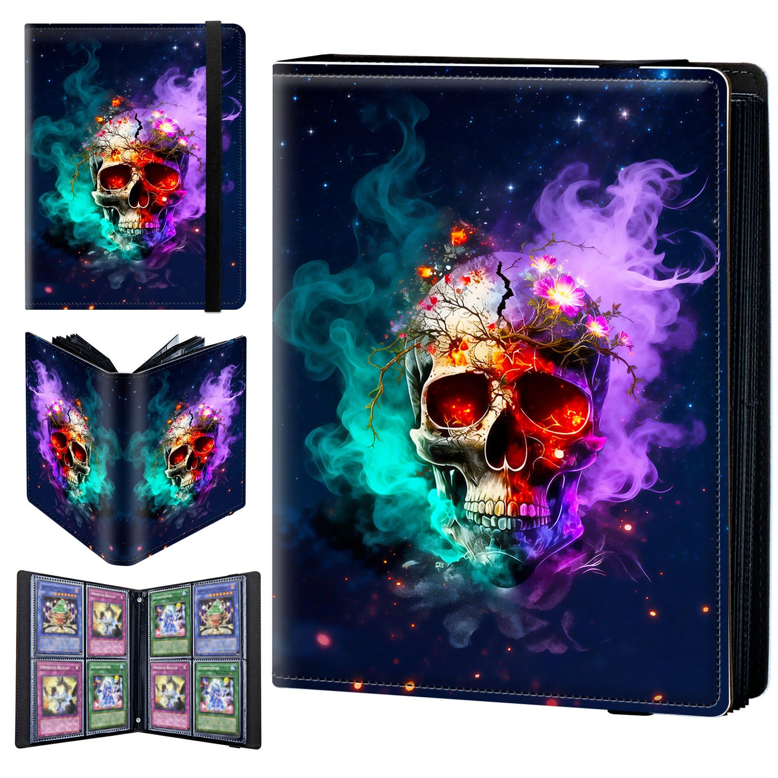4 Pocket Trading Card Binder 160 Side Loading Pocket Album with Galaxy Skull Flowers Pattern Design Card Binder for Sports Cards & Game Cards