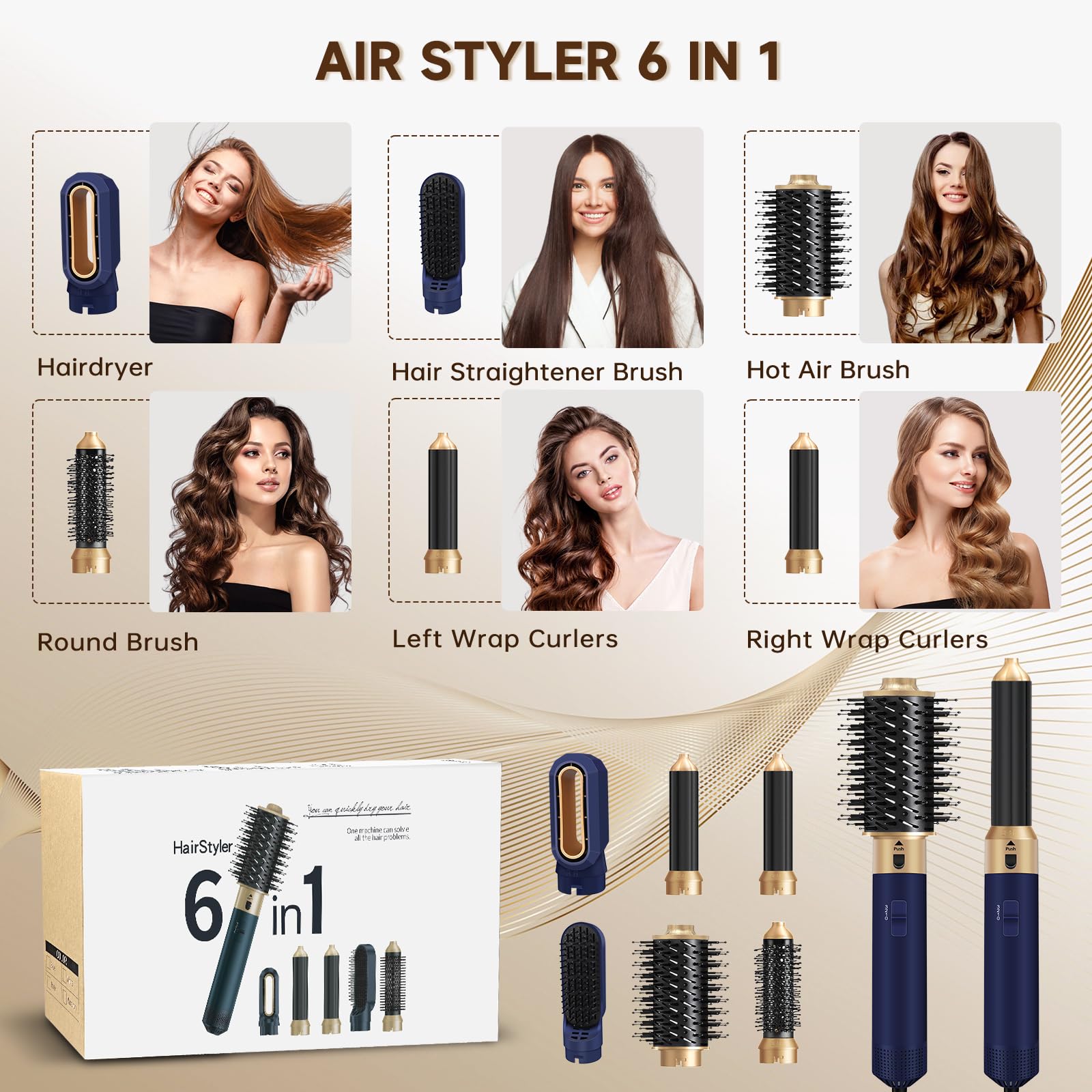 Hair Styler 6 in 1, Airstyler Haarstyler Set 1000W, Rundbürstenföhn, WarmluftbürsteFöhnbürste Automatischer Luft-Lockenstab, Haarglätter Bürste Volumenbürste, Haarglätter Bürste für Alle Haartypen