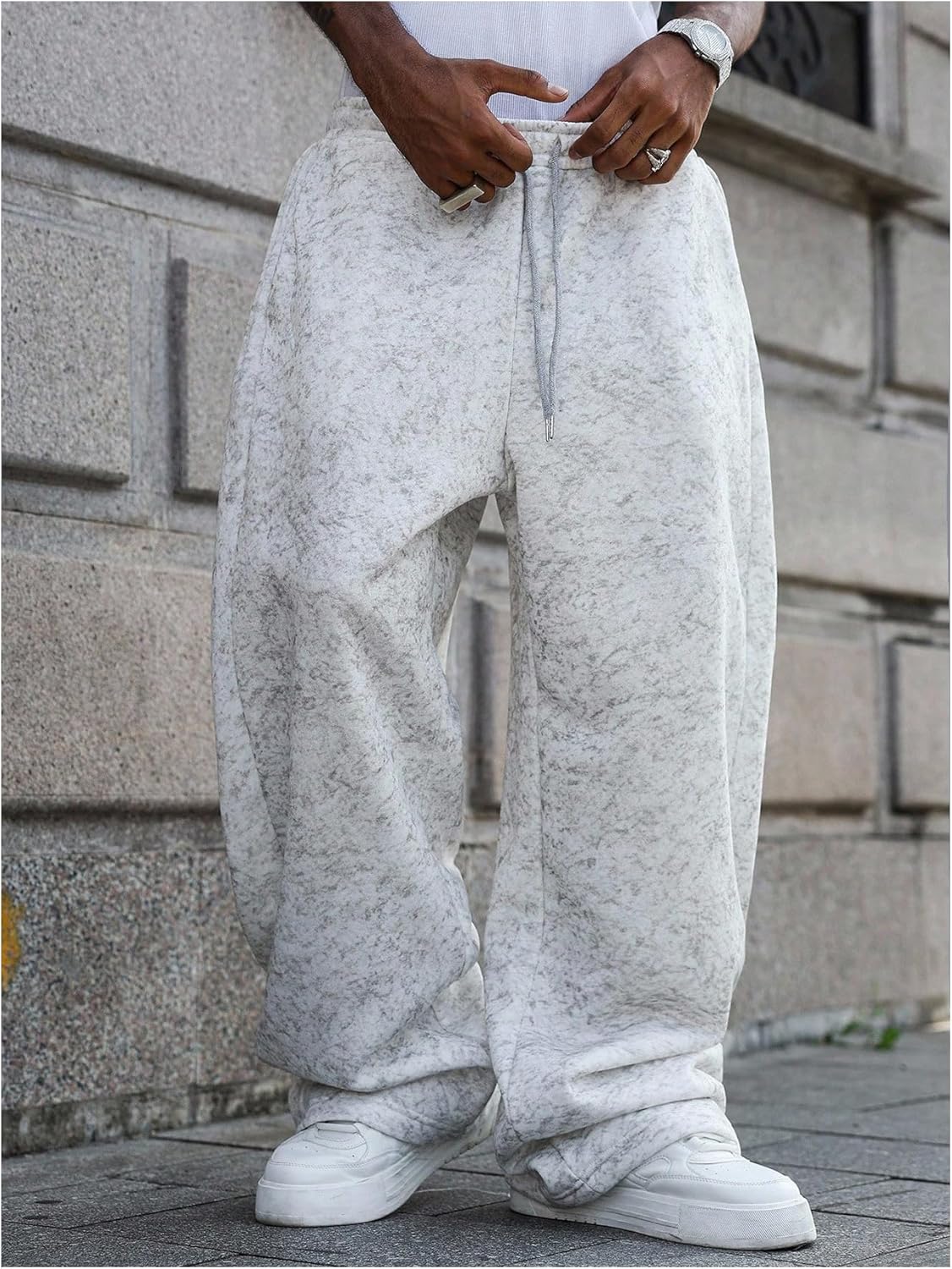 OYOANGLE Men's Fleece Sweatpants Drawstring Waist Loose Wide Leg Pants with Pockets Streetwear - Image 5