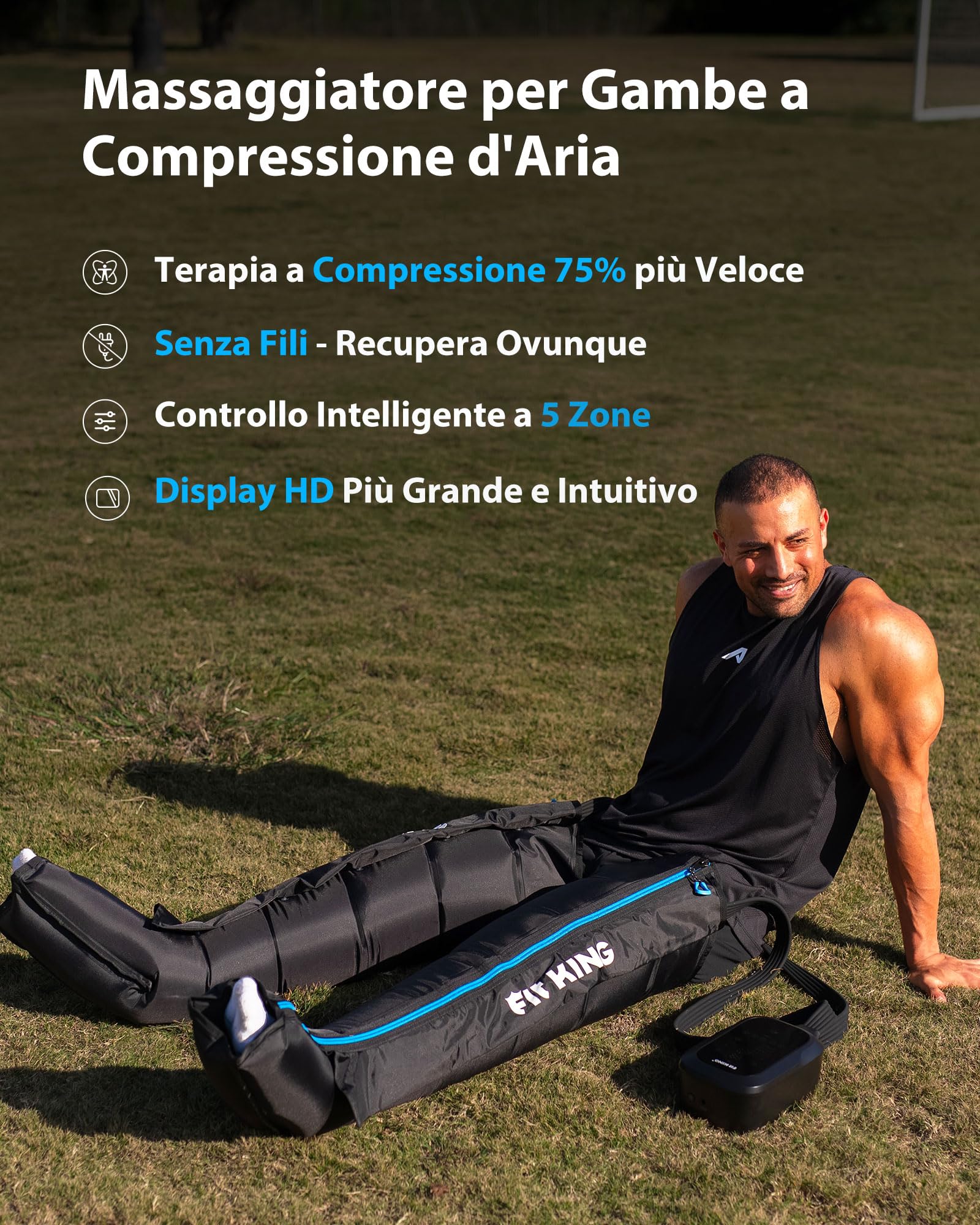 FIT KING Massaggiatore Gambe a Compressione d‘Aria Ricaricabile, Massaggio 5 Zone Regolabili con 3 Modalità e 11 Intensità, Ideale per Recupero Sportivo e Relax Quotidiano (S)
