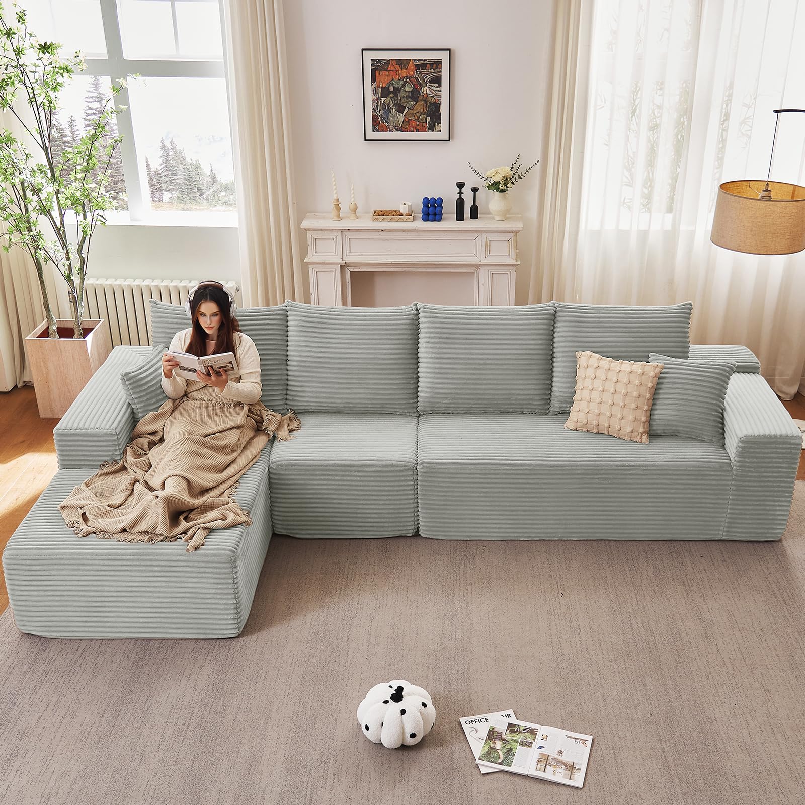 135.4" Modular Sectional Sofa, Modern Corduroy Cloud Couch with Deep Seat, Boneless Couch Upholstered 4-Seater L-Shaped Sofa for Living Room, No Assembly Required (Grey, Left-Facing Chaise)