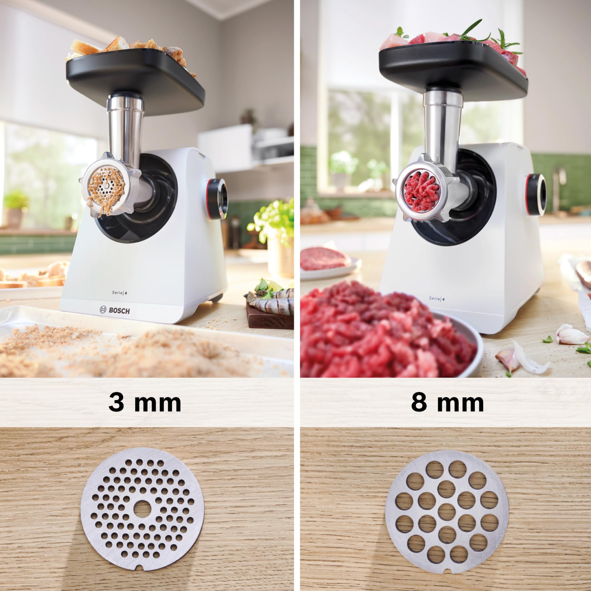 Bosch Fleischwolf Serie 4, 2 Lochscheiben (3 / 8mm) Edelstahl, spülmaschinenfest, elektrisch, stark, kompakt, 2 Stufen, Wurststopfer, 1.900 W, weiß/schwarz, MultiPower MFWS420W