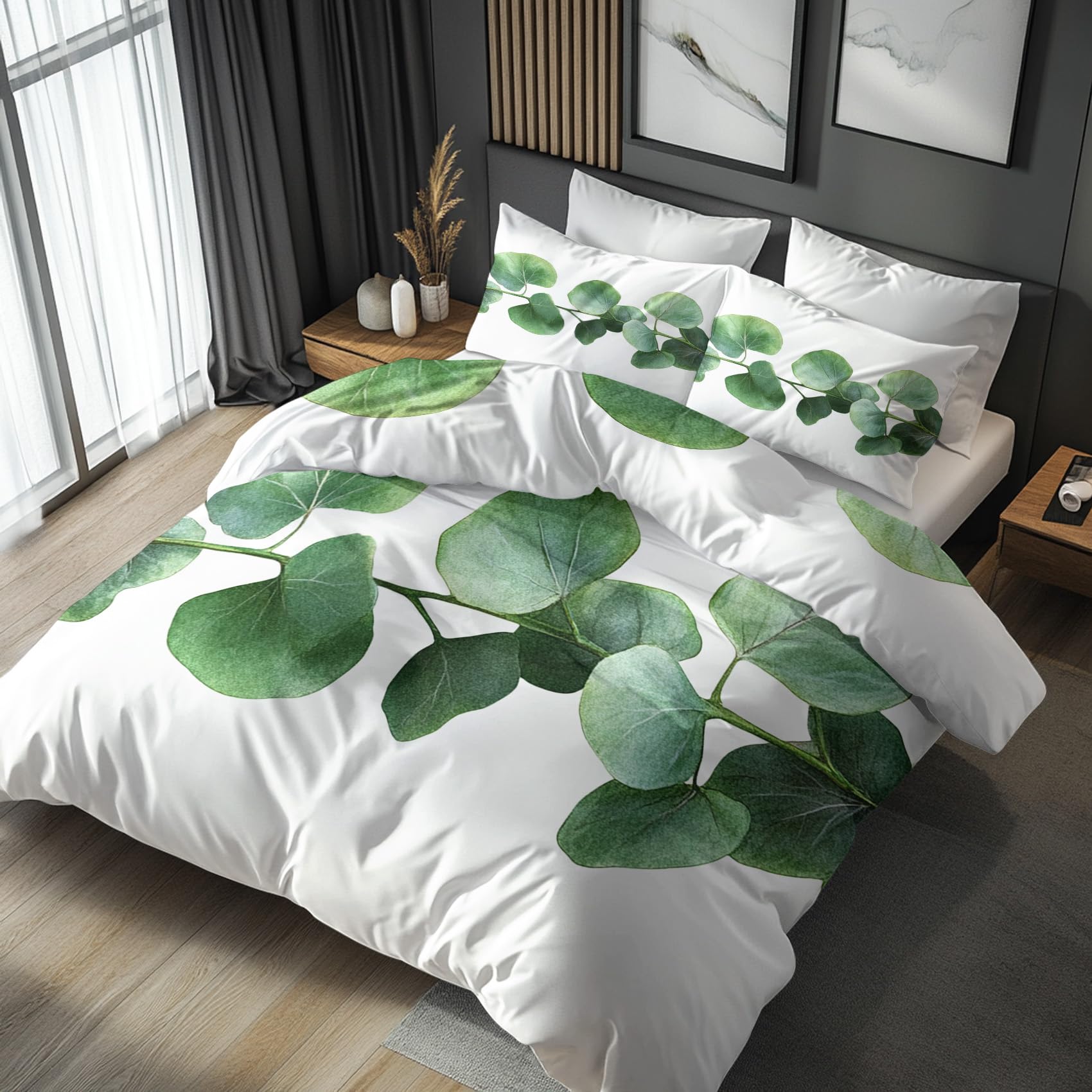 Nogawa Green White Eucalyptus King Size Duvet Cover Sets - Green Leaf Bedding Set - Reversible Quilt Cover & 2 Pillowcases With Zip And Ties, Ultra Soft And Non Iron Brushed Microfibre Bed Set 230X220