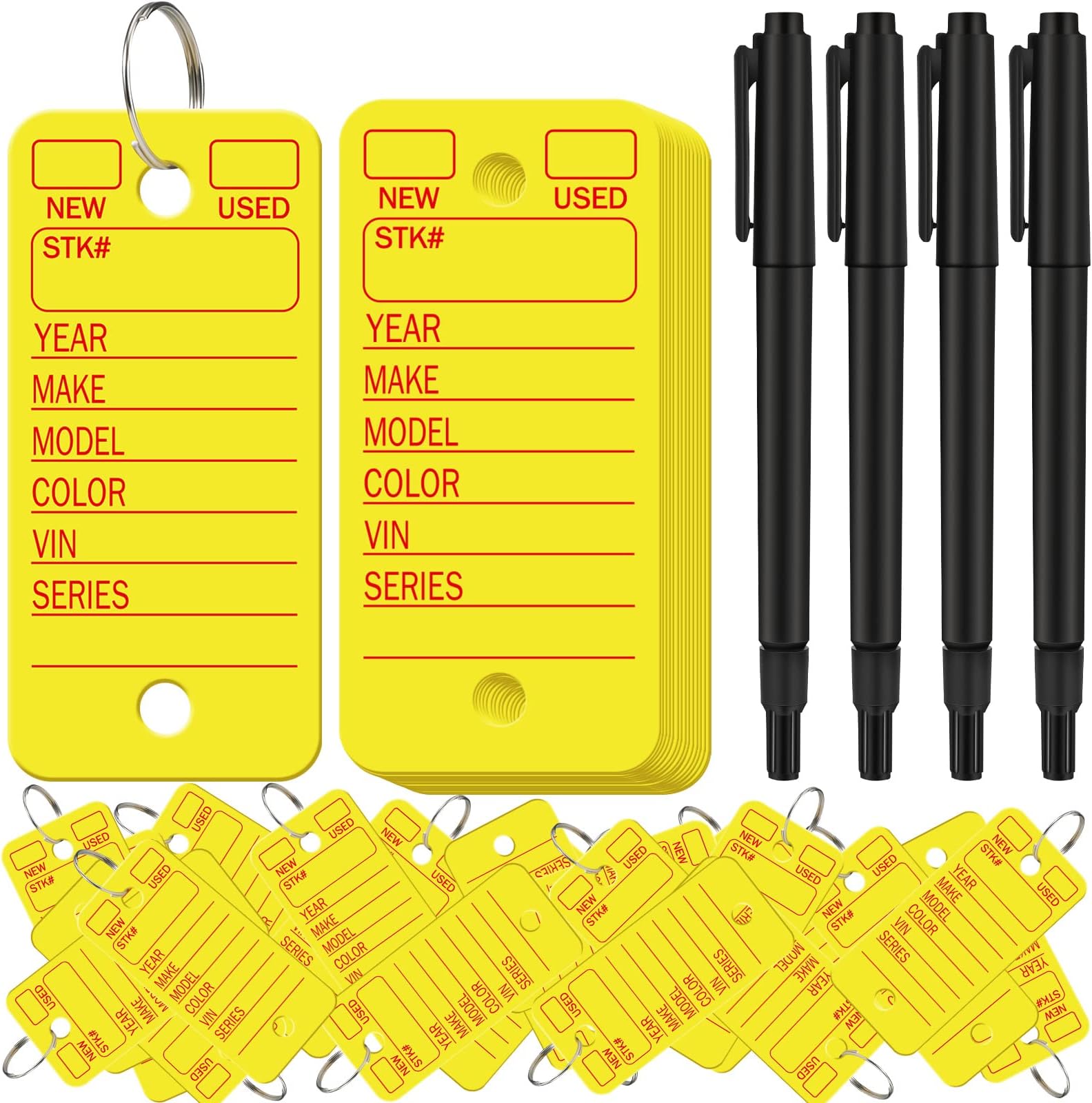 Gersoniel 500 Pcs Key Tags with Labels Car Dealership Key Tags with Rings Blank Shop Labels and 4 Pens for Office Car Shop Automotive Supplies(Yellow)