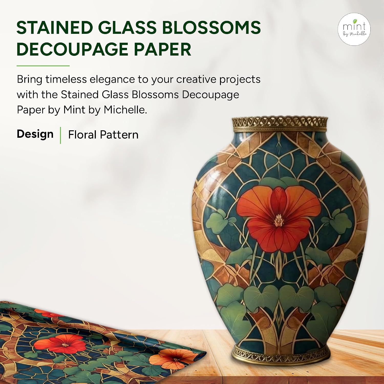 Mint by Michelle Stained Glass Blossoms Decoupage Paper, 28gsm (A3)