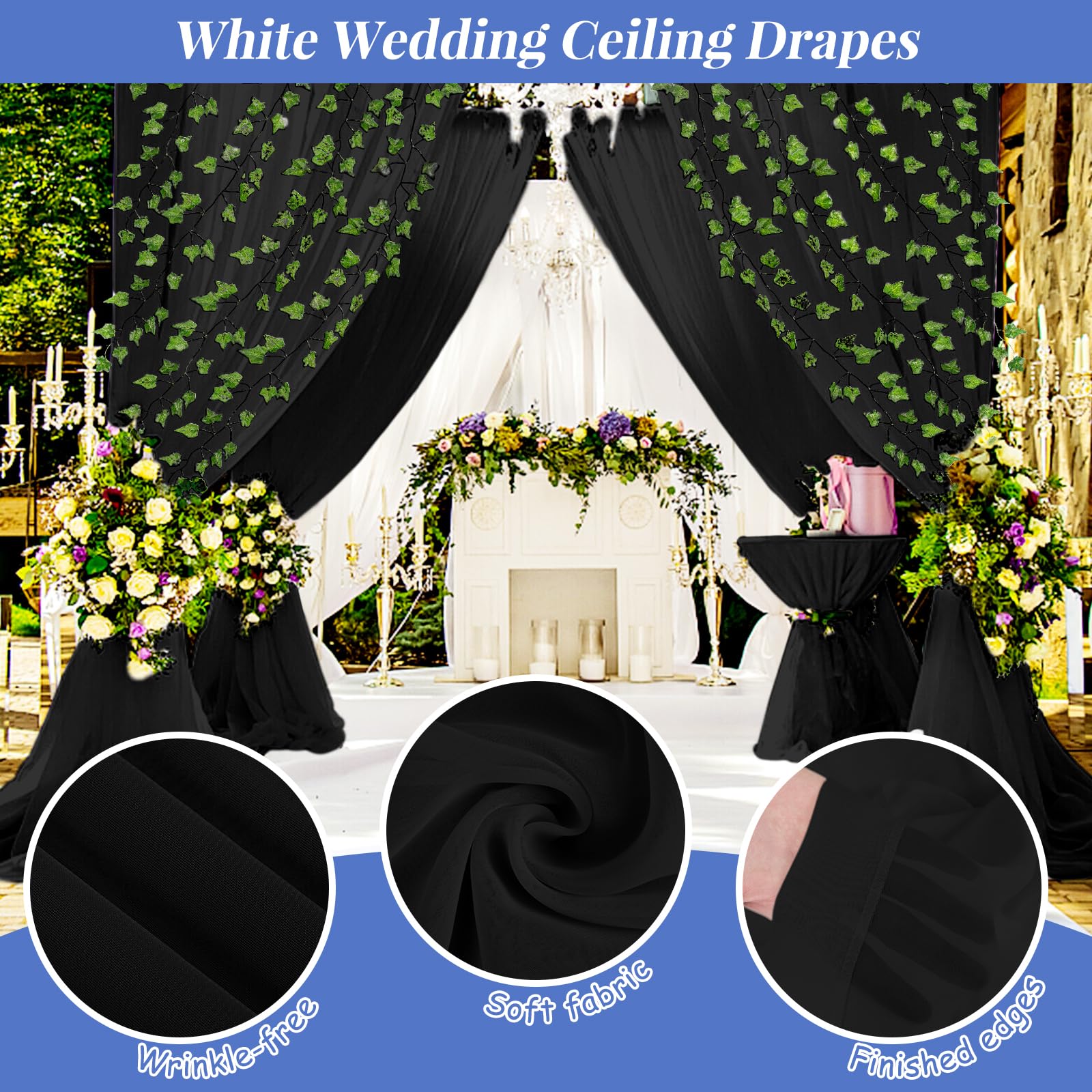 6 paneles de cortinas de techo negras para boda, cortinas de techo de 5 x 20 pies, cortinas transparentes de tela de gasa para decoración de techo de boda, ceremonia, escenario de boda