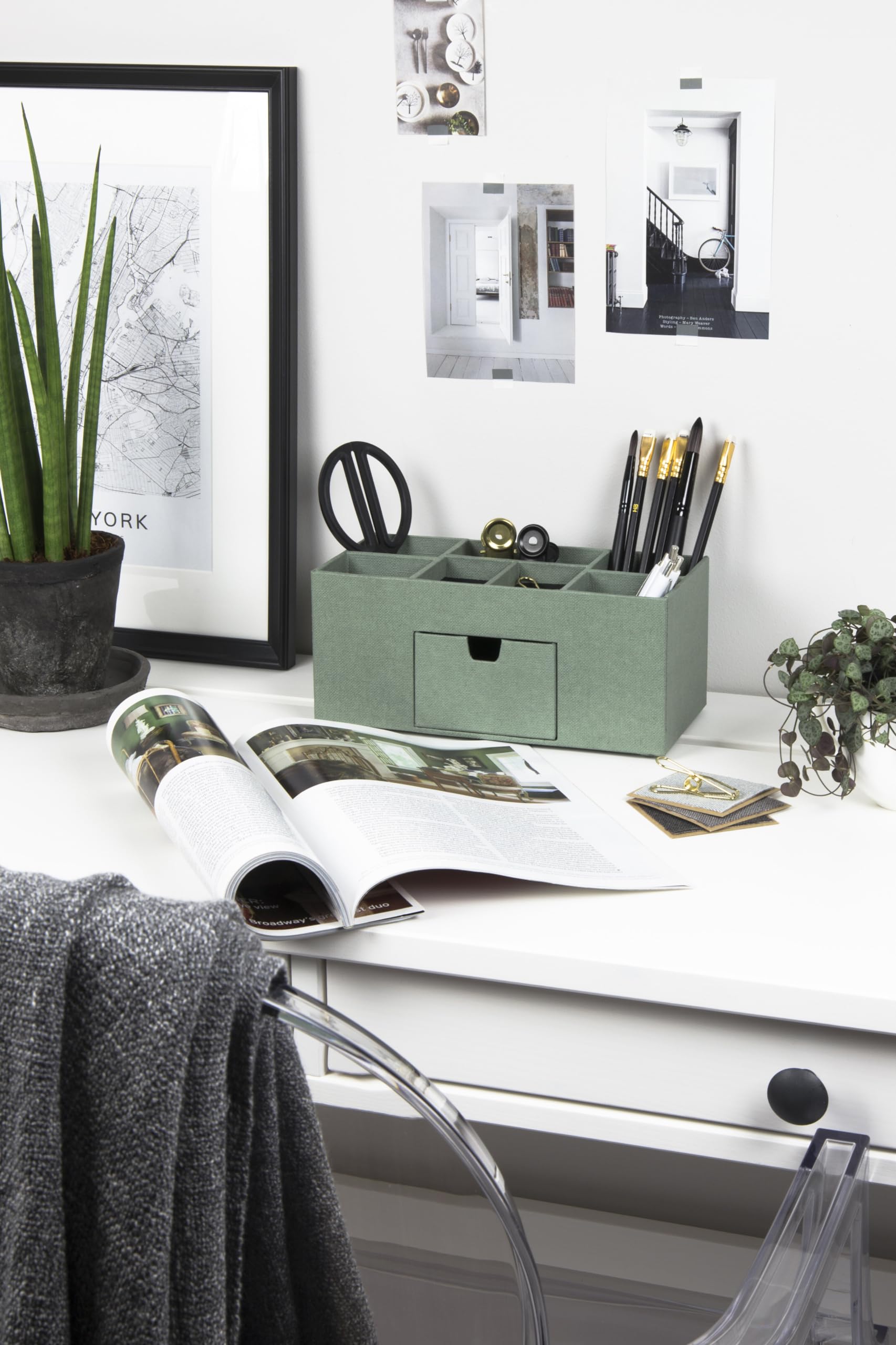 BIGSO VENDELA Schreibtisch Organizer mit 7 Fächern und Schublade – Ablagebox aus Faserplatte und Papier in Leinenoptik – Schreibtischset für Büromaterial – mintgrün