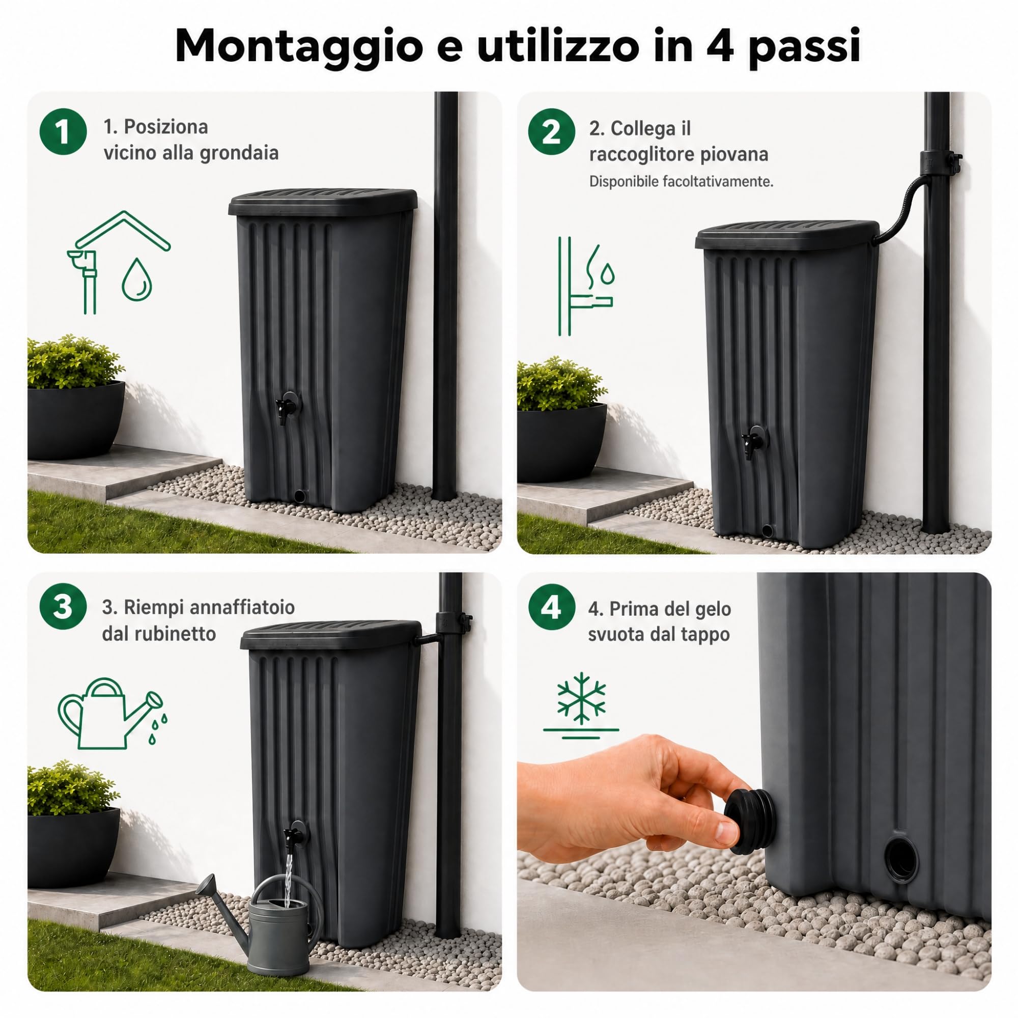 YourCasa Cascade Serbatoio Acqua Piovana 150 L, Slim Antracite | Cisterna piovana salvaspazio da parete con rubinetto integrato, coperchio e scarico invernale, prodotta in Francia