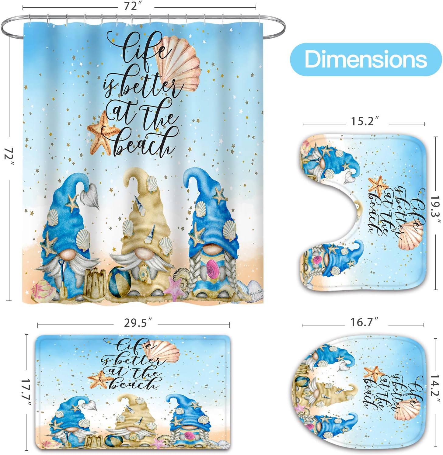 Litabel 4 Pcs Summer Gnomes Shower Curtain Set with Non-Slip Rugs, Toilet Lid Cover and Bath Mat, Sea Beach Starfish Country Bathroom Decor Set with Shower Curtain and Rugs(Hooks Not Included)
