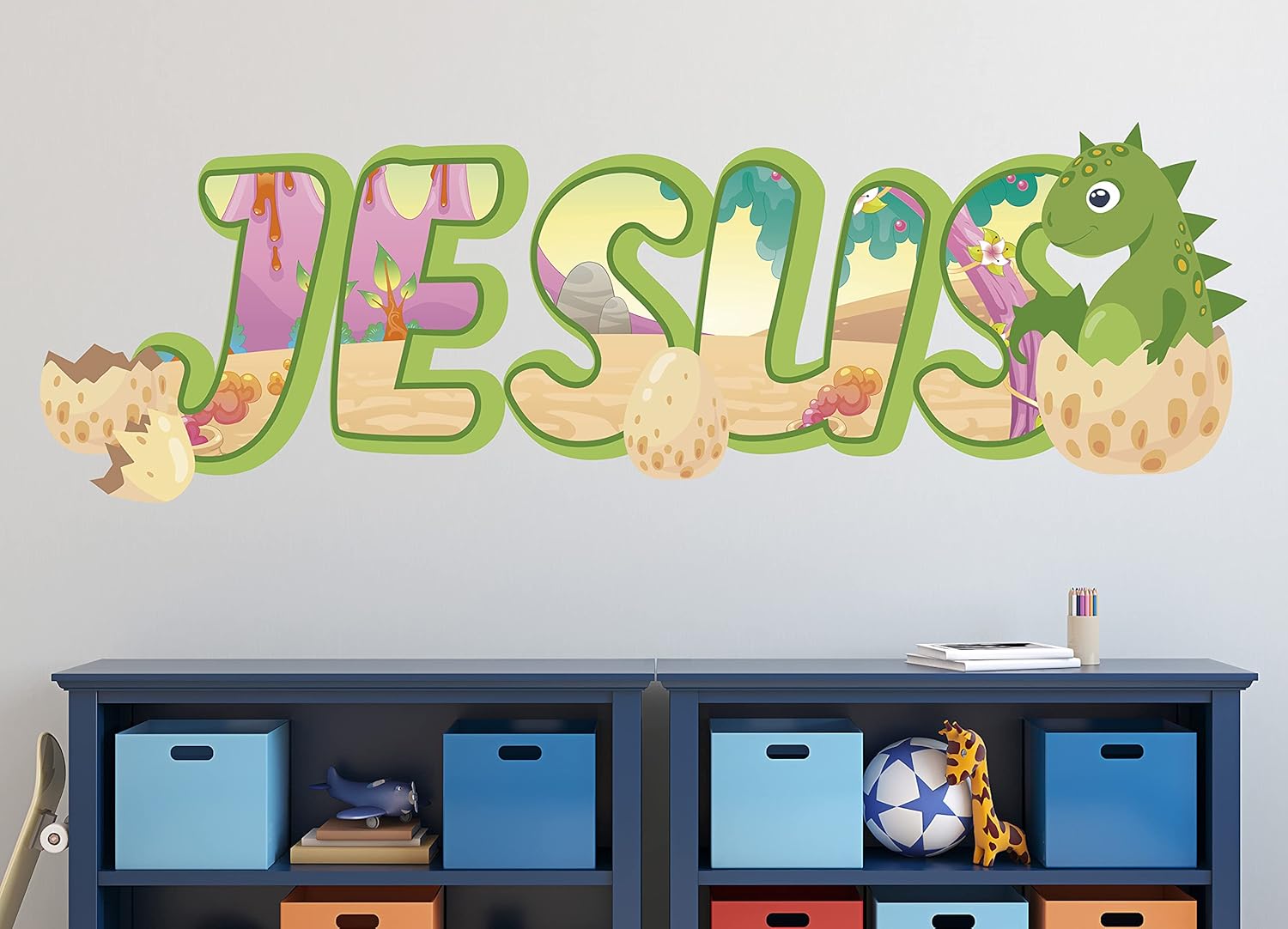 Egg Dinosaur Wall Decal, Custom Name, Dino T Rex Nursery Wall Sticker, 3D Print Wallpaper, Cute Dinosaur Home Decor Bedroom, Wall Art Smash KA803 (Giant 52 W x 18 H in)