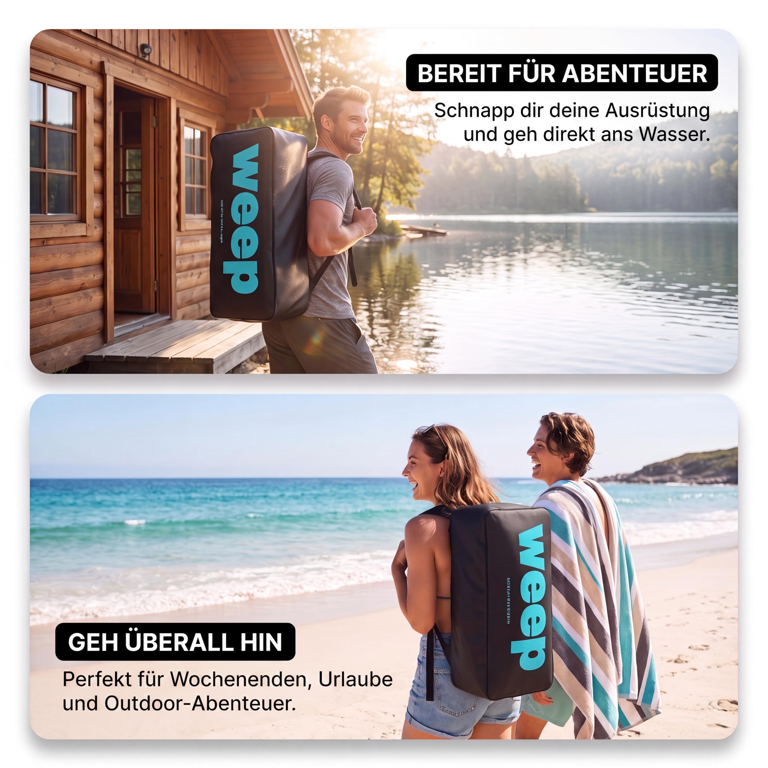 weep Stand Up Padding Board aufblasbar 365cm & 350cm & 320cm, SUP Board - mit 2in1 Aluminium Paddel, Pumpe, Rucksack, Leash, 3 Finnen, stabiles Paddle Board Komplettset - für Touring, Yoga & Freizeit