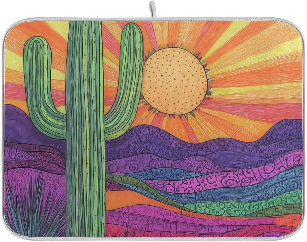 Desert Cactus Dish Drying Mat for Kitchen Counter Super Absorbent Draining Mat with Non-slip Backed Dish Drying Pad for Draining Racks Countertops Sinks Dish Bottles Cups Bowl
